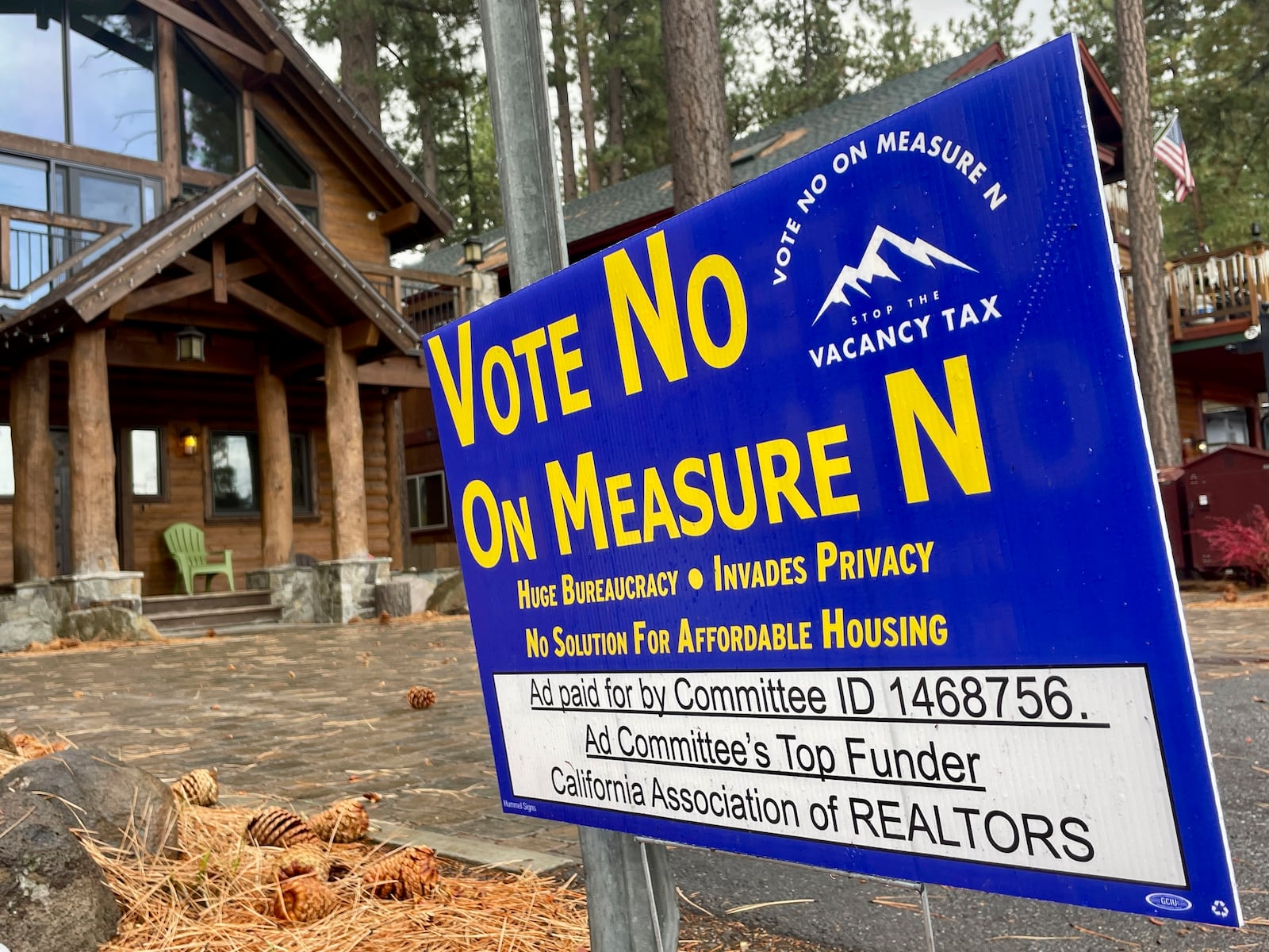 A "No on Measure N" sign sits in front of a home in South Lake Tahoe, Calif. on Thursday, Oct. 17, 2024, where voters will decide whether to approve Measure N, which will mandate a tax to homeowners who leave their homes vacant for more than half the year. (AP Photo/Haven Daley)