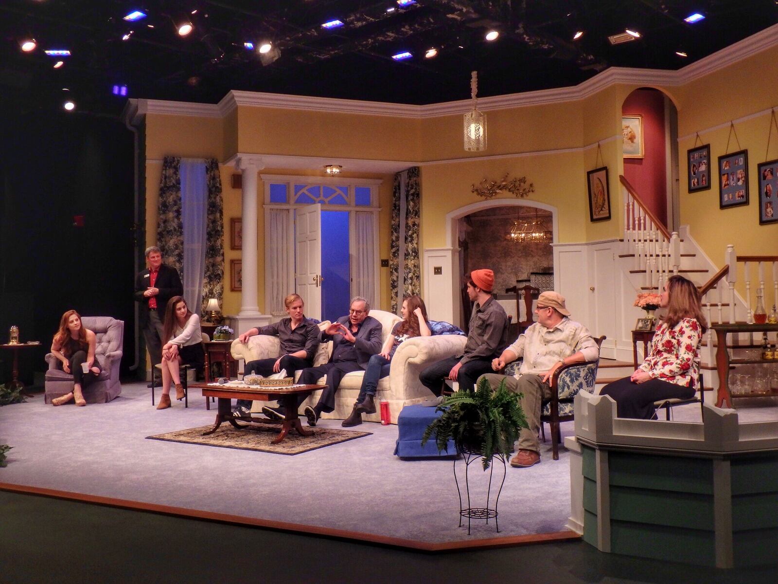 Surrounded by the cast of his play, 'One Slight Hitch," Lewis Black (center on couch) answers questions from The Loft Theatre audience on Wednesday, April 20.