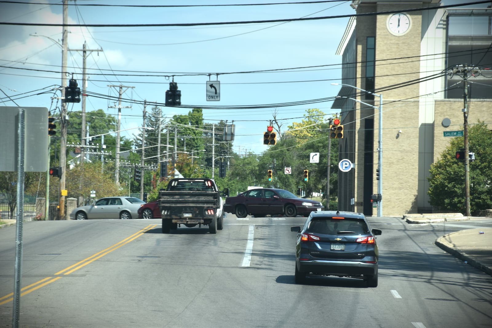 The Salem Avenue and Philadelphia Drive intersection in northwest Dayton. The intersection currently has four to seven lanes of traffic at the pedestrian crossings. CORNELIUS FROLIK / STAFF