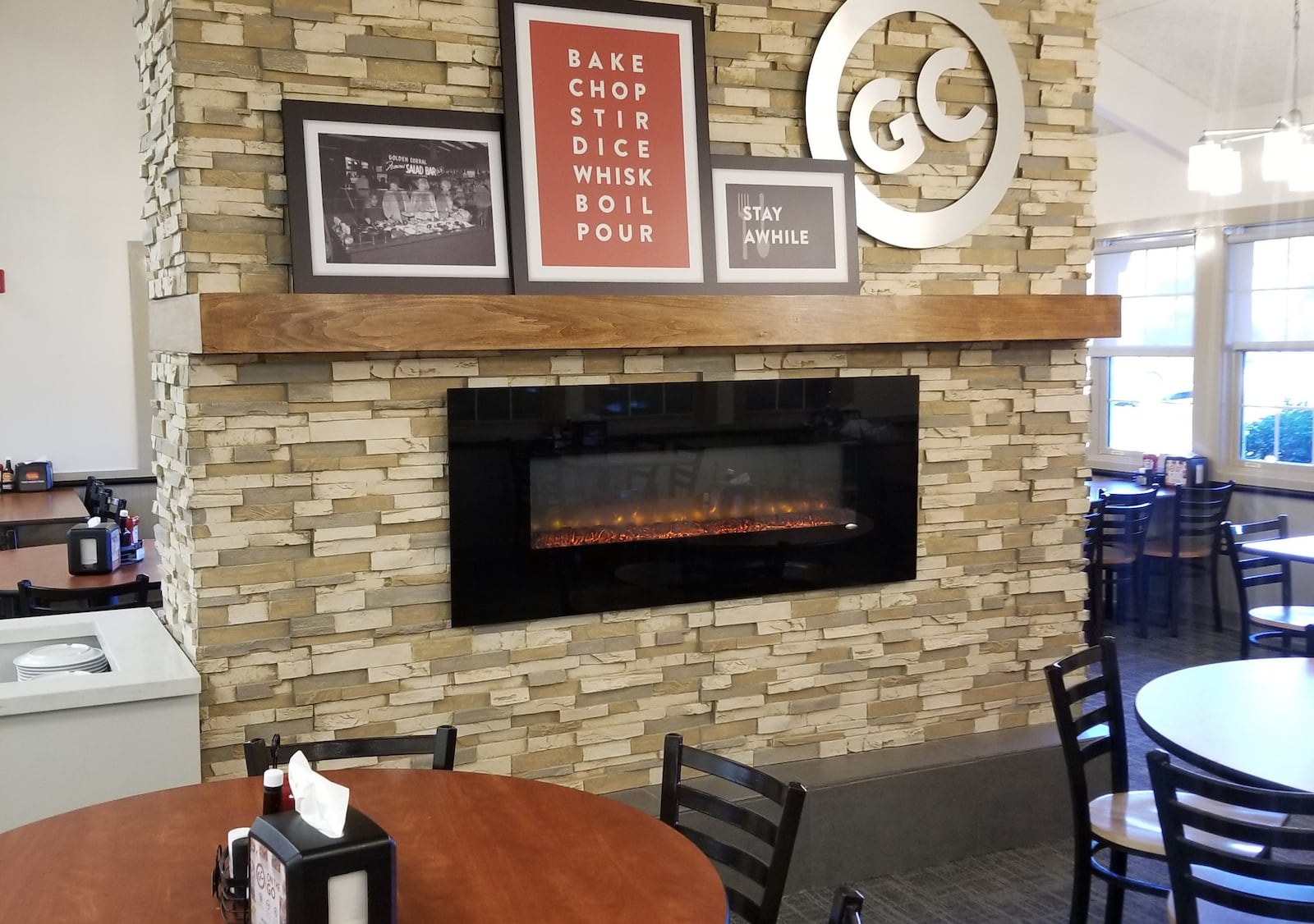 The renovations at the Golden Corral restaurant behind the Dayton Mall included the addition of a stone fireplace.