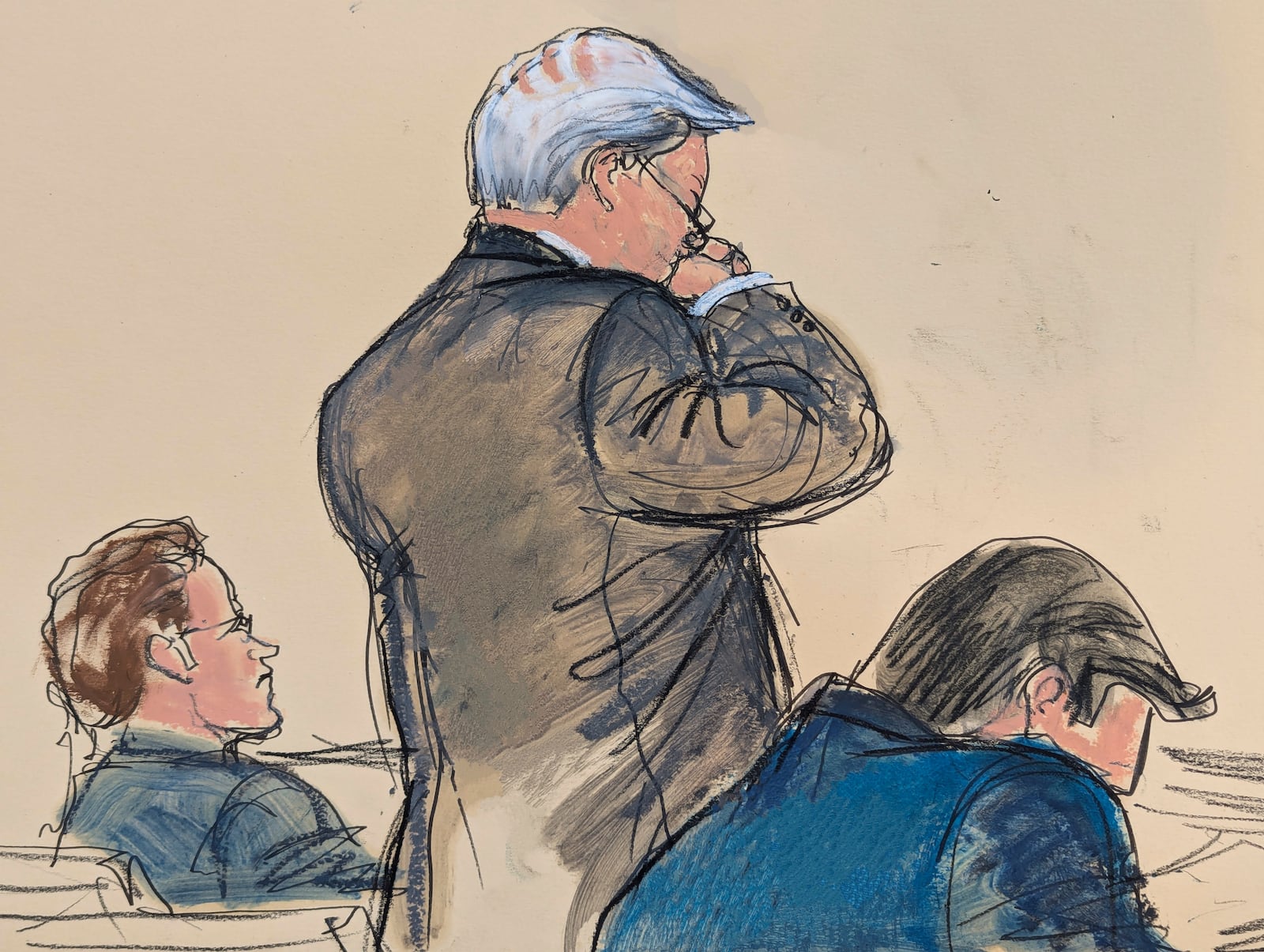 In this courtroom sketch, former Sen. Bob Menendez breaks down crying while giving his sentencing statement in Manhattan federal court, Wednesday, Jan. 29, 2025, in New York. (Elizabeth Williams via AP)