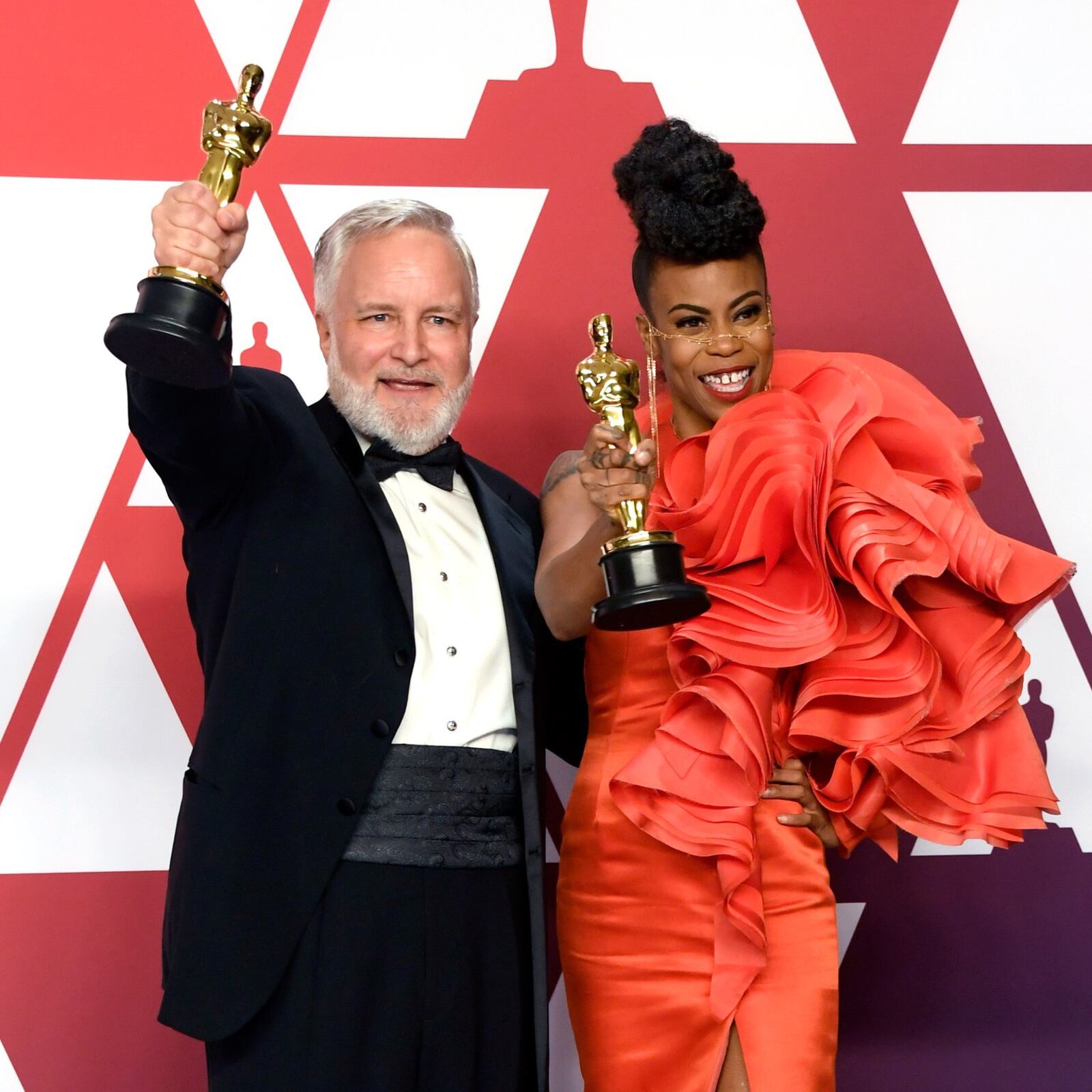 Jay Hart (left) and Hannah Beachler, winners of Best Production Design for “Black Panther” pose in the press room during the 91st Annual Academy Awards at Hollywood and Highland on Feb. 24, 2019, in Hollywood. (Photo by Frazer Harrison/Getty Images)