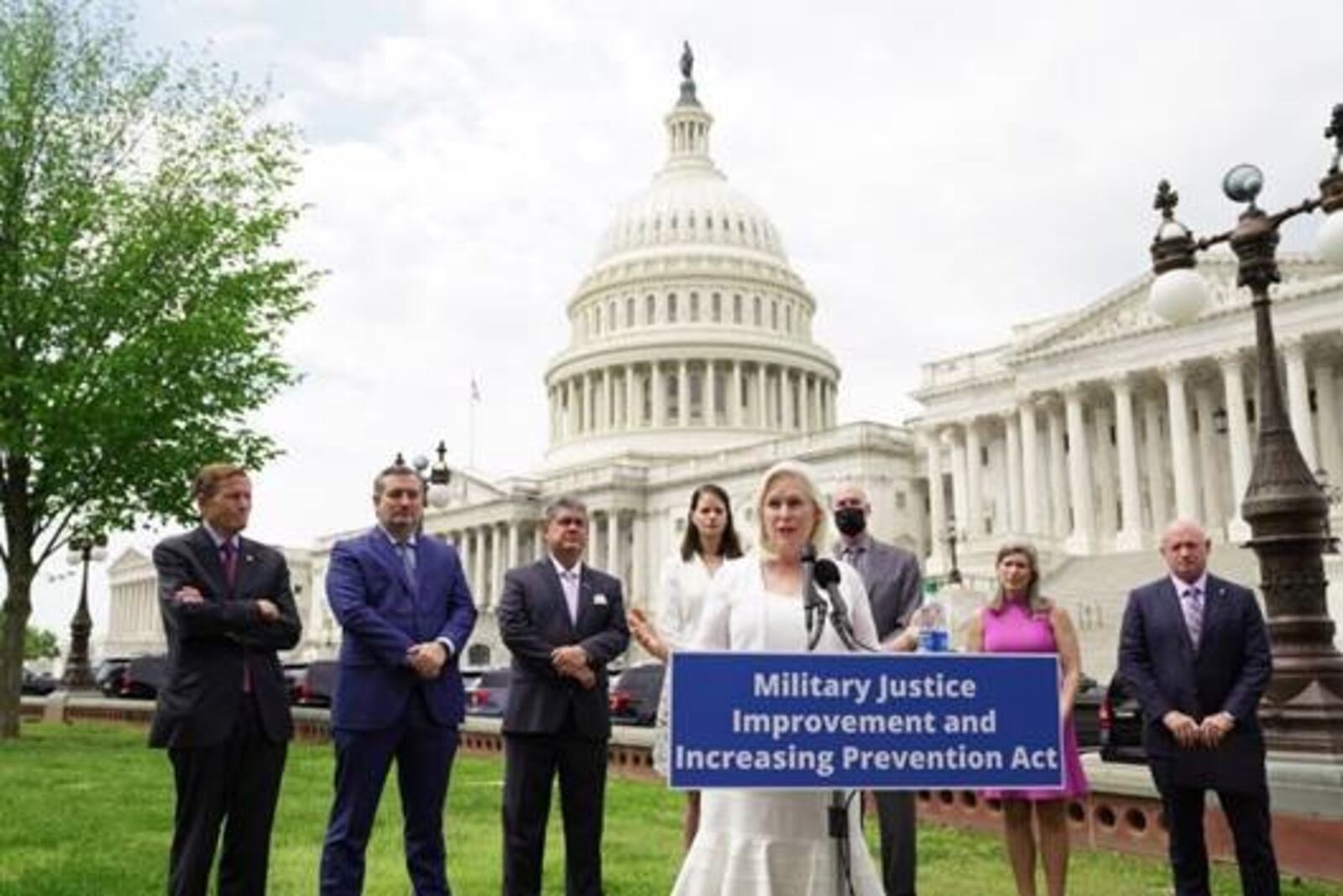 Sen. Kristin Gillibrand, D-NY, at the podium during a April 29, 2021 press conference in Washington, D.C.