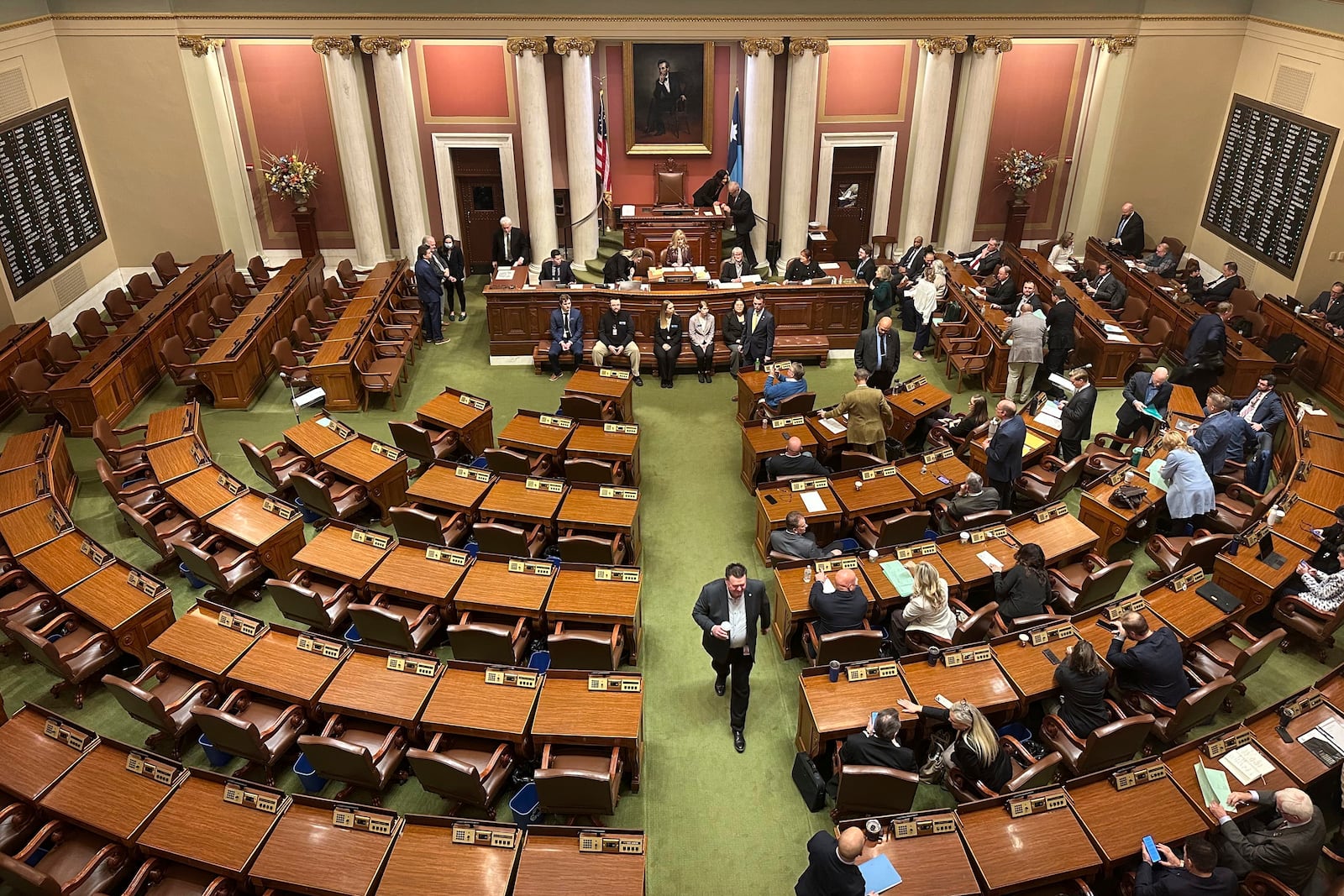 FILE - The Democratic side of the Minnesota House chamber sits empty for a second straight day, in St. Paul, Minn., Jan. 15, 2025, as Democrats continued their boycott in a power struggle with Republicans. (AP Photo/Steve Karnowski, File)