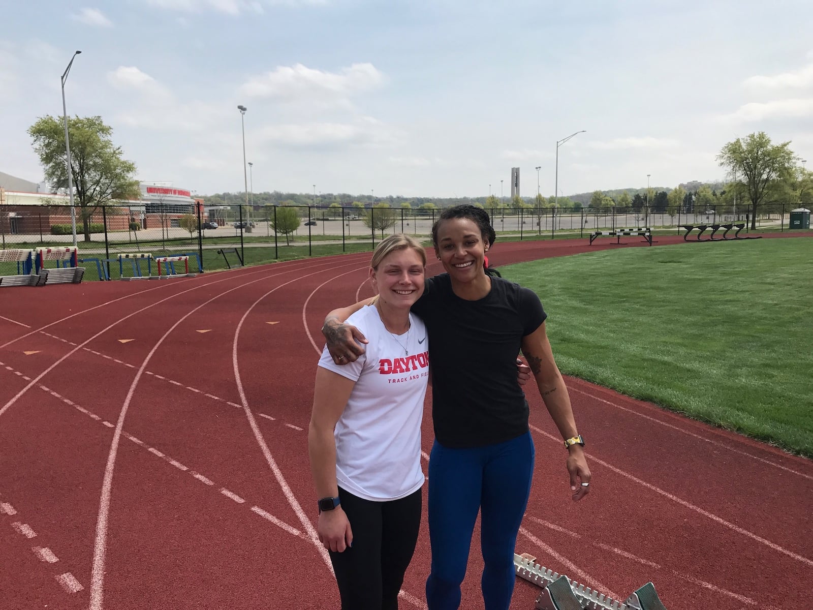 Former Olympian Chantae McMillan (on right), who has switched events from the heptathlon to the javelin throw in an effort to make the U.S. Olympic team headed to the Tokyo Games this summer, with her training partner, University Dayton sophomore standout Casey Bogues, who has now broken the UD record in the javelin throw for the past three meets in a row this season.  (Photo by Tom Archdeacon)