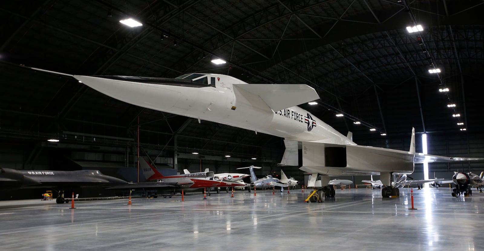 The North American XB-70 Vakyrie was rolled into the new fourth building of the National Museum of the United States Air Force on Tuesday, October 27. The big Mach 3 bomber was put in a new hangar the will house the Space, Presidential, Reasearch & Development and Global Reach collections due to open in June of 2016. The XB-70, one of the world's most exotic airplanes, was conceived for the Strategic Air Command in the 1950s as a high-altitude bomber that could fly three times the speed of sound (Mach 3). Because of fund limitations, only two were built, not as bombers, but as research aircraft for the advanced study of aerodynamics, propulsion and other subjects related to large supersonic aircraft according to the museum website. TY GREENLEES / STAFF