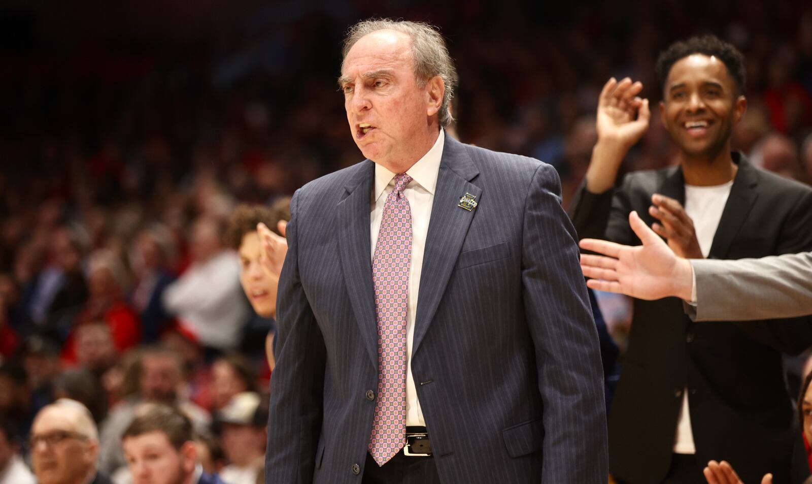 La Salle's Fran Dunphy coaches during a game against Dayton on Tuesday, Feb. 28, 2023, at UD Arena. David Jablonski/Staff