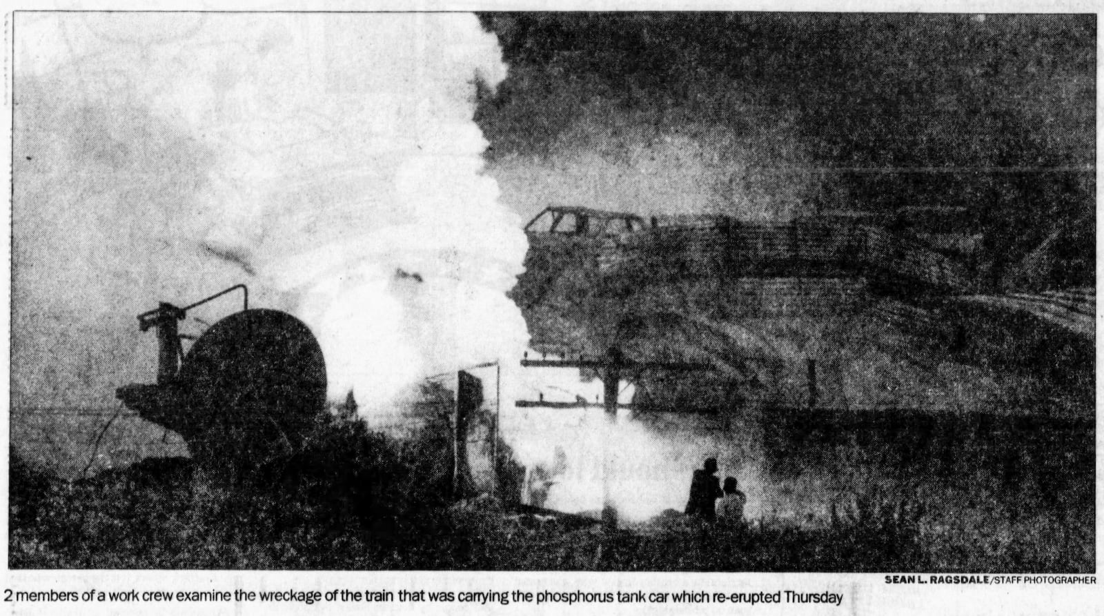 On July 8, 1986, about 15 railroad cars of a 44-car train carrying white phosphorus went off the tracks in Miamisburg, causing a massive fire that forced mass evacuations of the area. DAYTON DAILY NEWS ARCHIVES