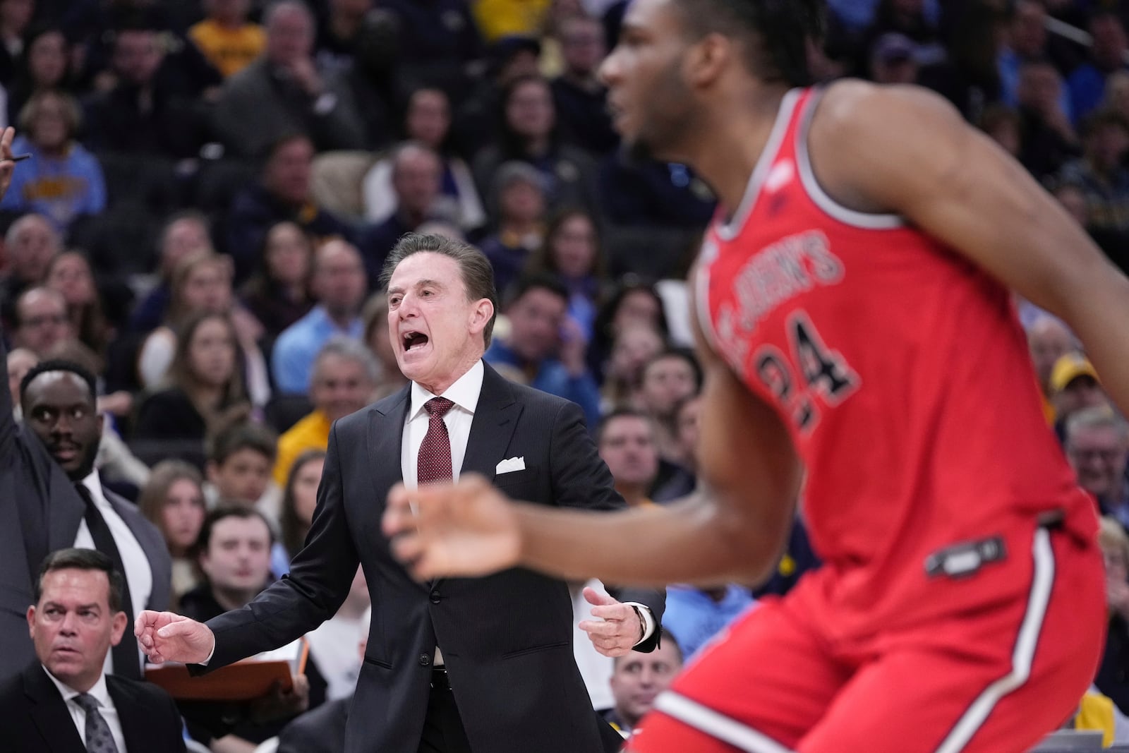 St. John's head coach Rick Pitino reacts during the first half of an NCAA college basketball game Saturday, Mar. 8, 2025, in Milwaukee. (AP Photo/Morry Gash)