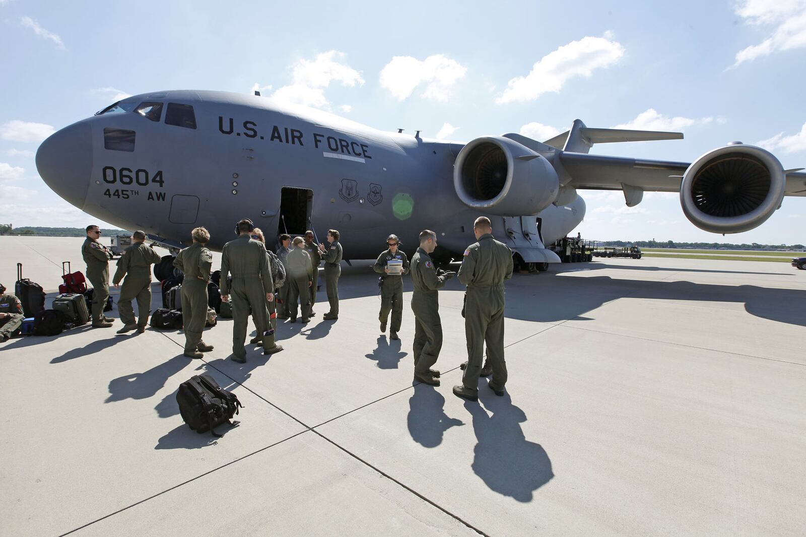 The 445th Airlift Wing at Wright-Patterson Air Force Base loaded more than half-a-million prepackaged meals onto a C-17 bound for Haiti on Friday, June 14, 2013. TY GREENLEES / STAFF