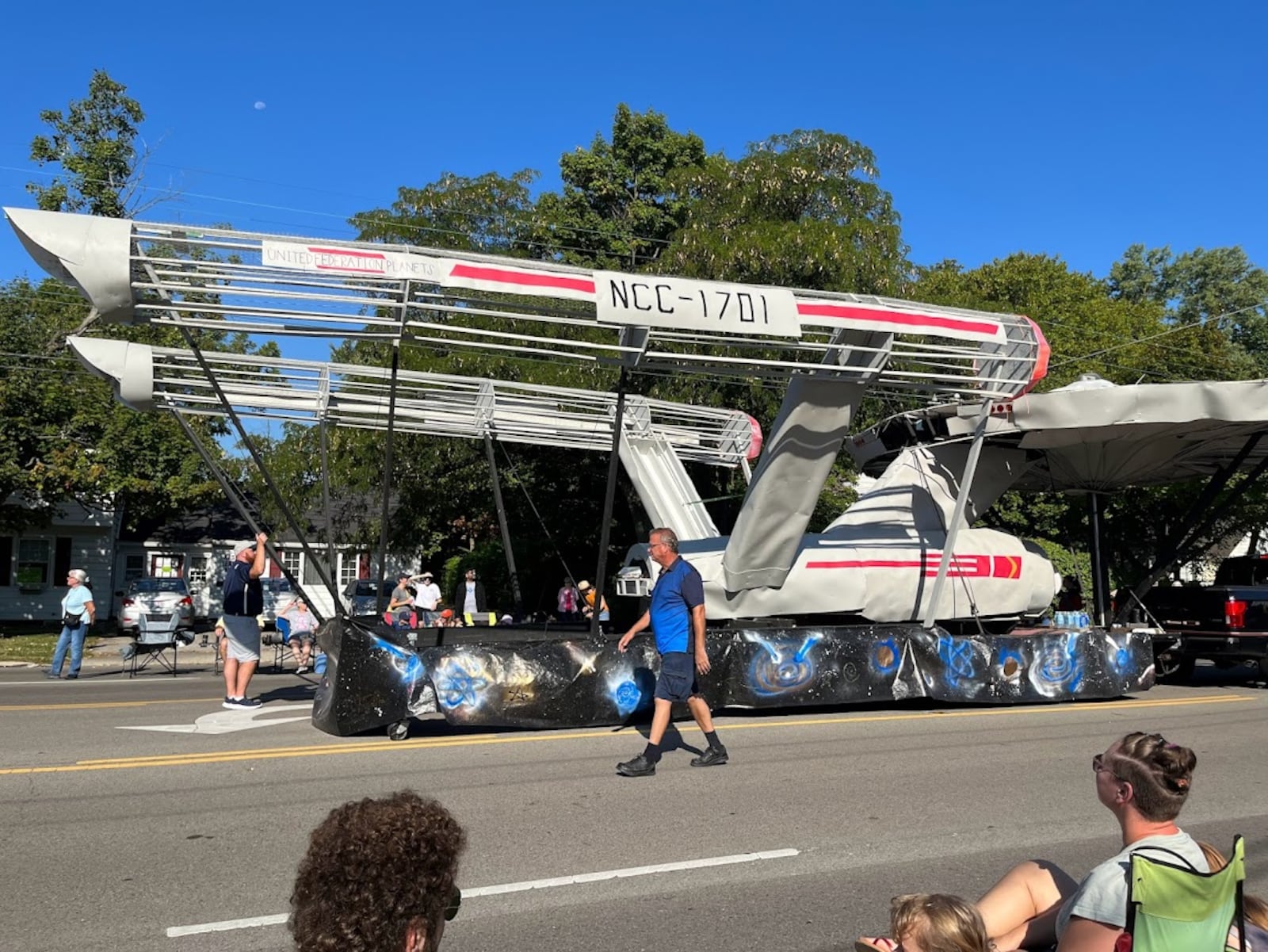 Kettering Fairmont High School biology teacher Steve Cotrone and his friends created this replica of the Star Trek USS Enterprise in his backyard. It made its parade debut Monday in the annual Kettering "Holiday at Home" parade. THOMAS GNAU/STAFF