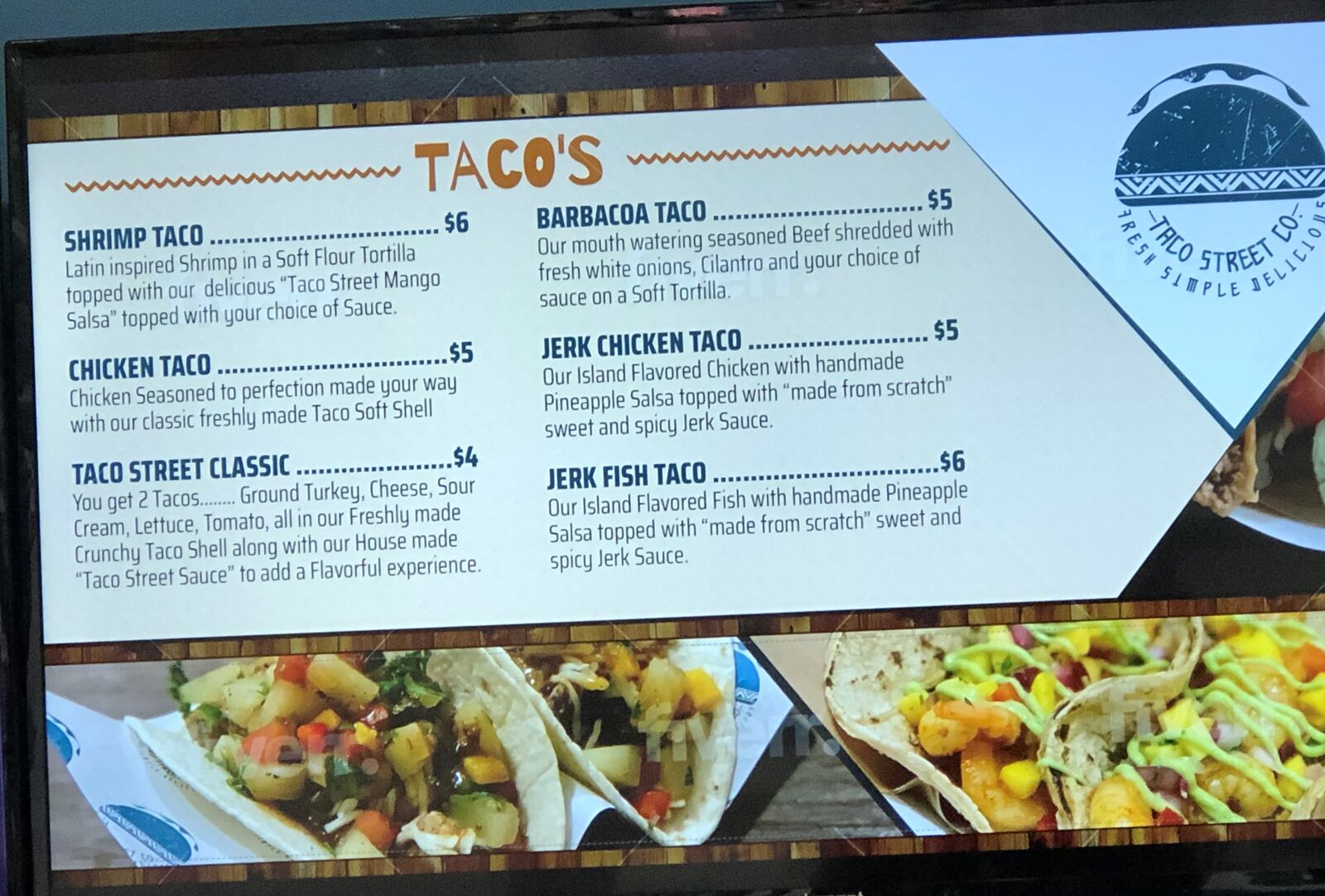 Taco Street Co. in the food court of the Mall at Fairfield Commons in Beavercreek offers menu items such as jerk chicken tacos, shrimp taco with mango salsa, taco salads, Mexican street corn, and more. MARK FISHER/STAFF