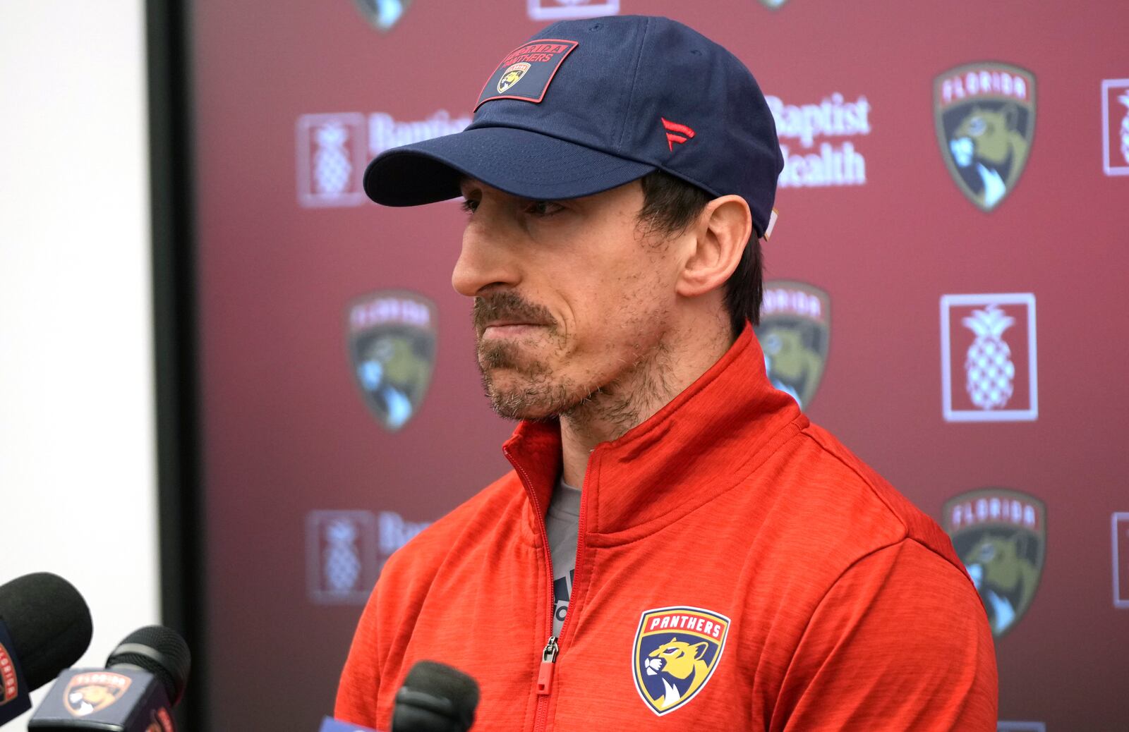 Florida Panthers forward Brad Marchand, who was acquired in a trade by the Panthers from the Boston Bruins last Friday, speaks during a news conference Monday, March 10, 2025, in Fort Lauderdale, Fla. (AP Photo/Lynne Sladky)