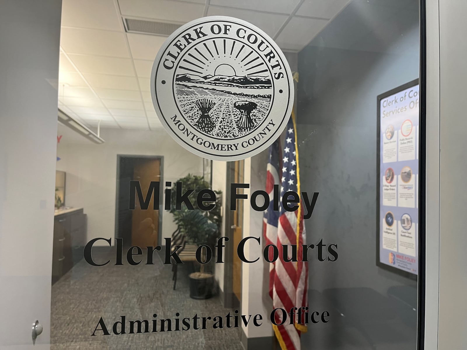 No one answered a buzz at the locked door to the Montgomery County Clerk of Courts office at 3:55 p.m. Wednesday, July 31, 2024, the same day Mike Foley was indicted on multiple felony charges, including theft in office. CORNELIUS FROLIK/STAFF