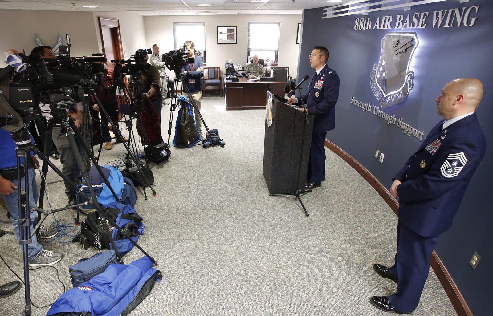 Then a colonel, Thomas Sherman, then the 88th Air Base Wing and installation commander at Wright-Patterson Air Force Base, spoke with the media in this file photo. 