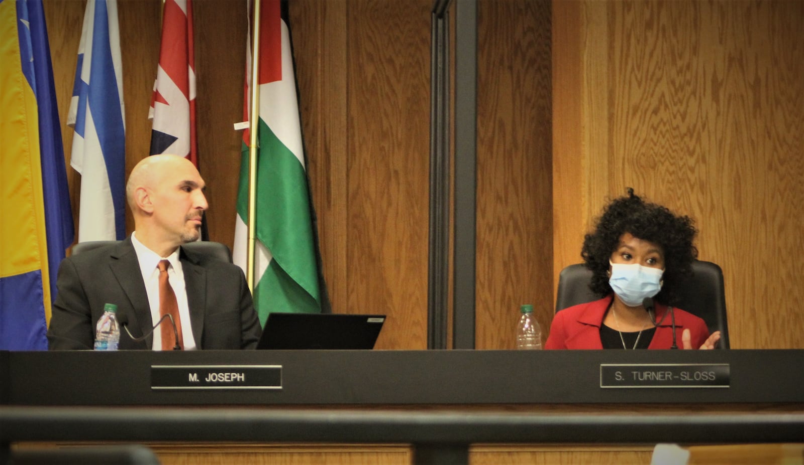 Dayton City Commissioners Shenise Turner-Sloss and Matt Joseph at the commission's most recent meeting. CORNELIUS FROLIK / STAFF