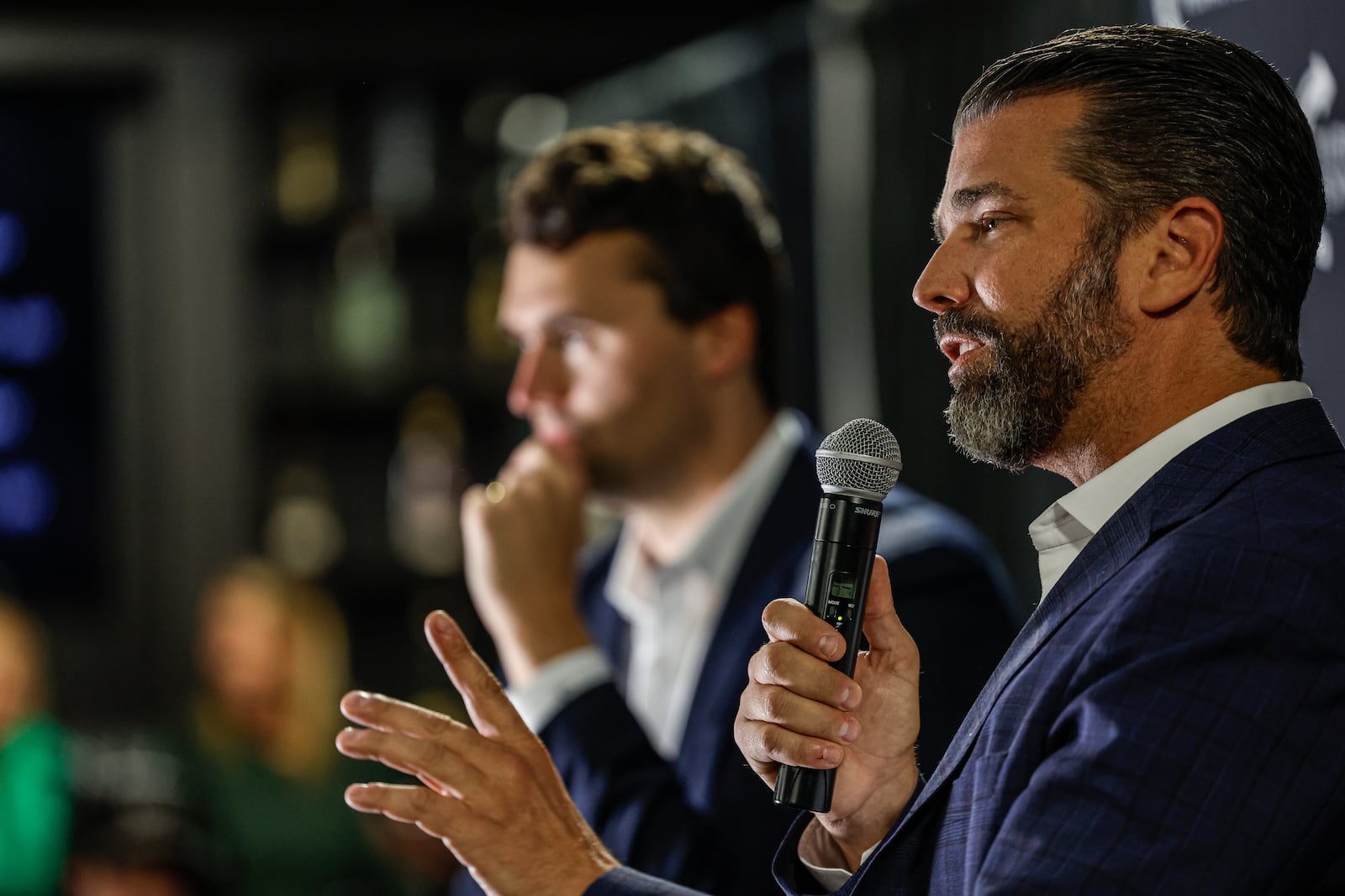 Donald Trump Jr. speaks during a town hall meeting Monday, March 17, 2025, in Oconomowoc, Wis. (AP Photo/Jeffrey Phelps)