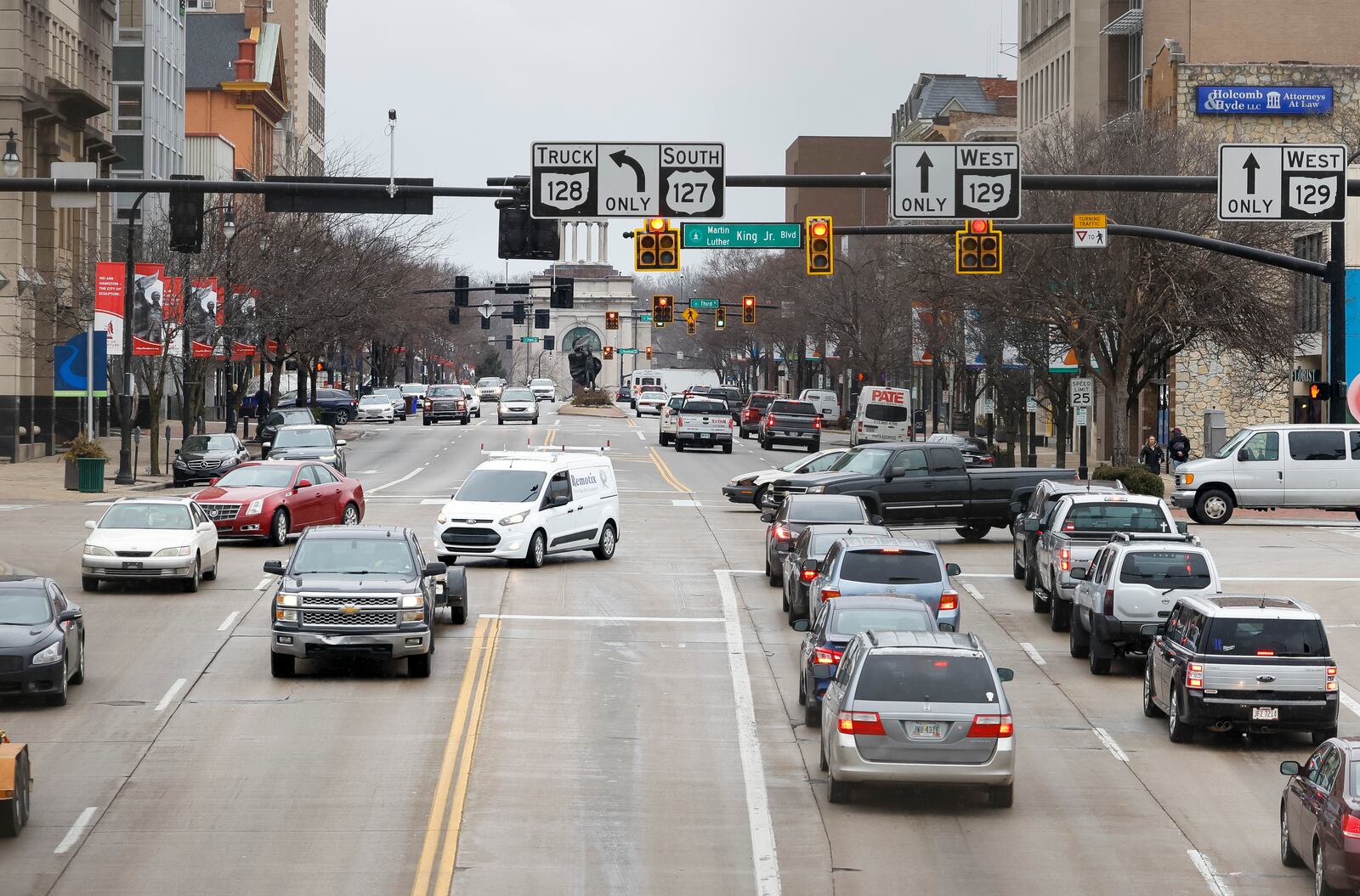 The intersection of High Street and Martin Luther King Jr. Blvd. in Hamilton is one of 27 priority intersections that have been updated with the new Centracs traffic monitoring system. The Centracs system will allow the city to add a preemptive signal for emergency vehicles with lights and sirens activated to force a greenlight, stopping crossing traffic, so those crews to get to an emergency. The 27 priority intersections are along the High-Main corridor starting at Hampshire Drive at Ohio 129 all the way through to Eaton Avenue on Main Street. There are also the signals on MLK at Maple Avenue, High Street and Black Street Bridge. NICK GRAHAM/STAFF