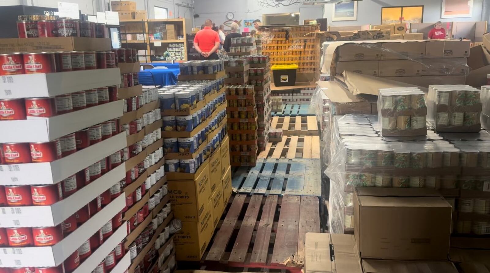 Donated food stacked up at the Greene County FISH Pantry. ALIVIA HARTPENCE / STAFF