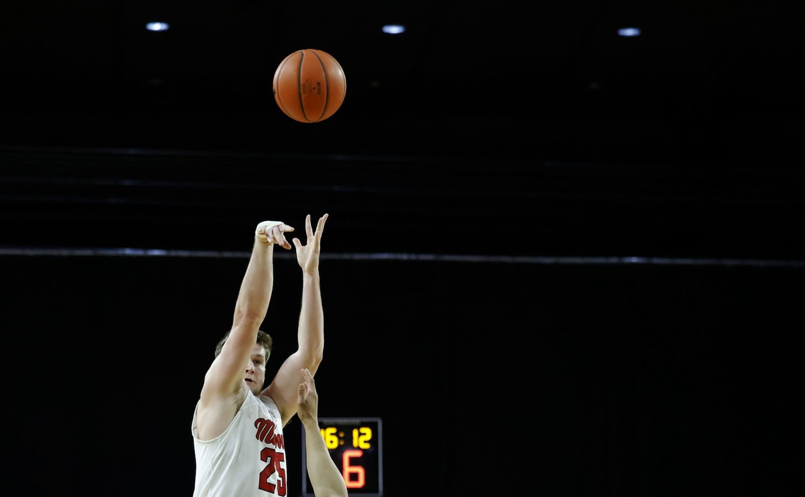 Miami University's Dan Luers puts up a shot during their basketball game against Ball State Friday, March 7, 2025 at Millett Hall in Oxford. Miami won 79-66. NICK GRAHAM/STAFF