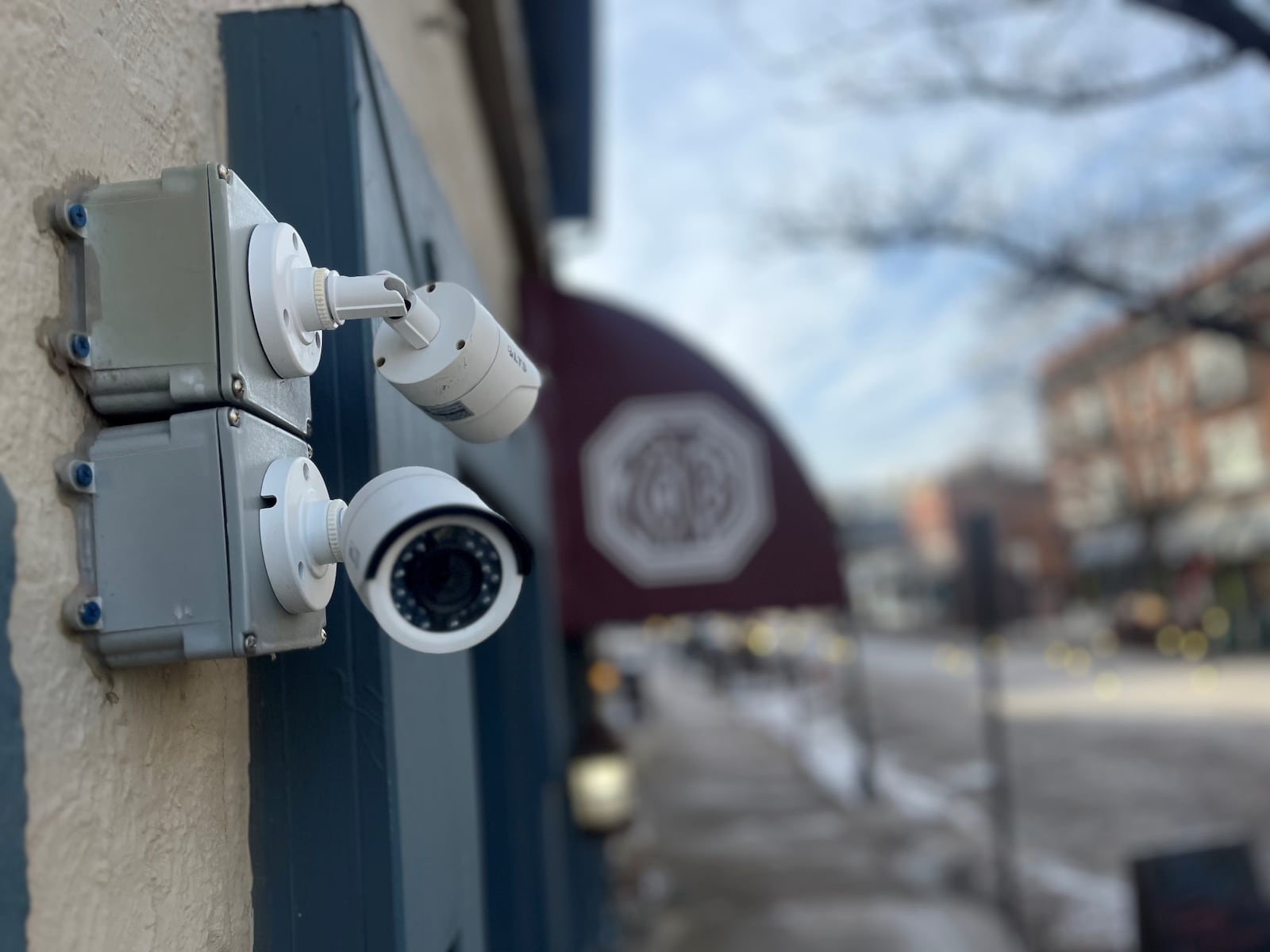 Security cameras outside of a restaurant in the Oregon District in Dayton. CORNELIUS FROLIK / STAFF