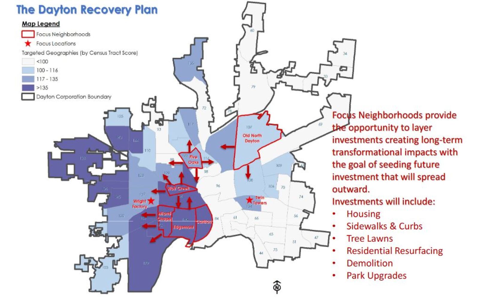 A map showing high-need target areas for Dayton's Recovery Plan, which is the city's strategy for spending its federal rescue funds. CONTRIBUTED