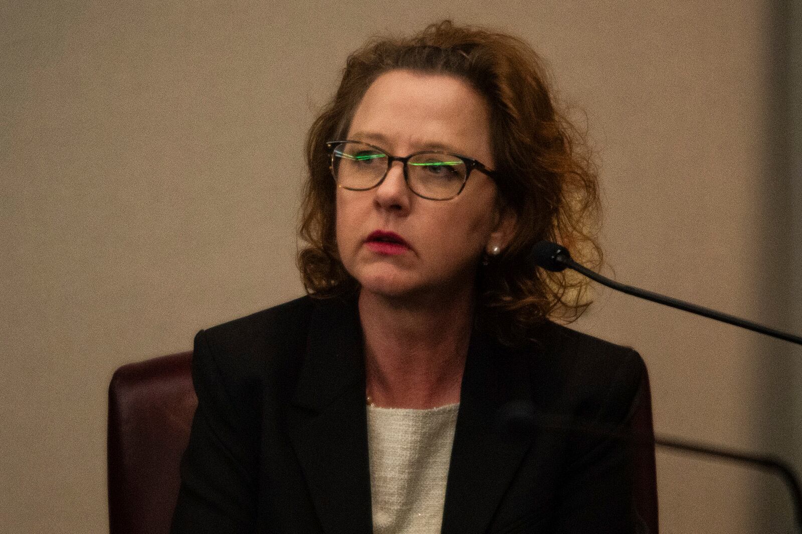 Jackie Johnson testifies in her own behalf in her trial on the single remaining charge of violating her oath of office, Tuesday, Feb. 4, 2025, in Brunswick, Ga. (Terry Dickson/The Brunswick News via AP, Pool)