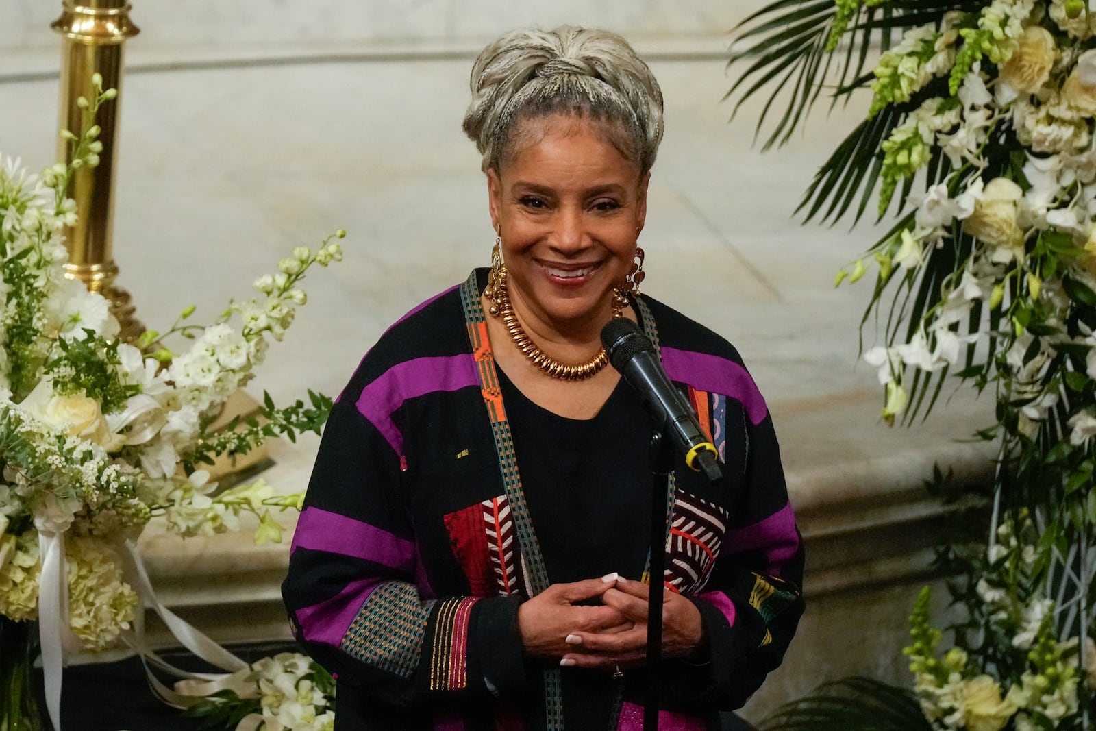 Phylicia Rashad speaks during a ceremony in celebration of Roberta Flack's life at The Abyssinian Baptist Church on Monday, March 10, 2025, in New York. (AP Photo/Richard Drew)