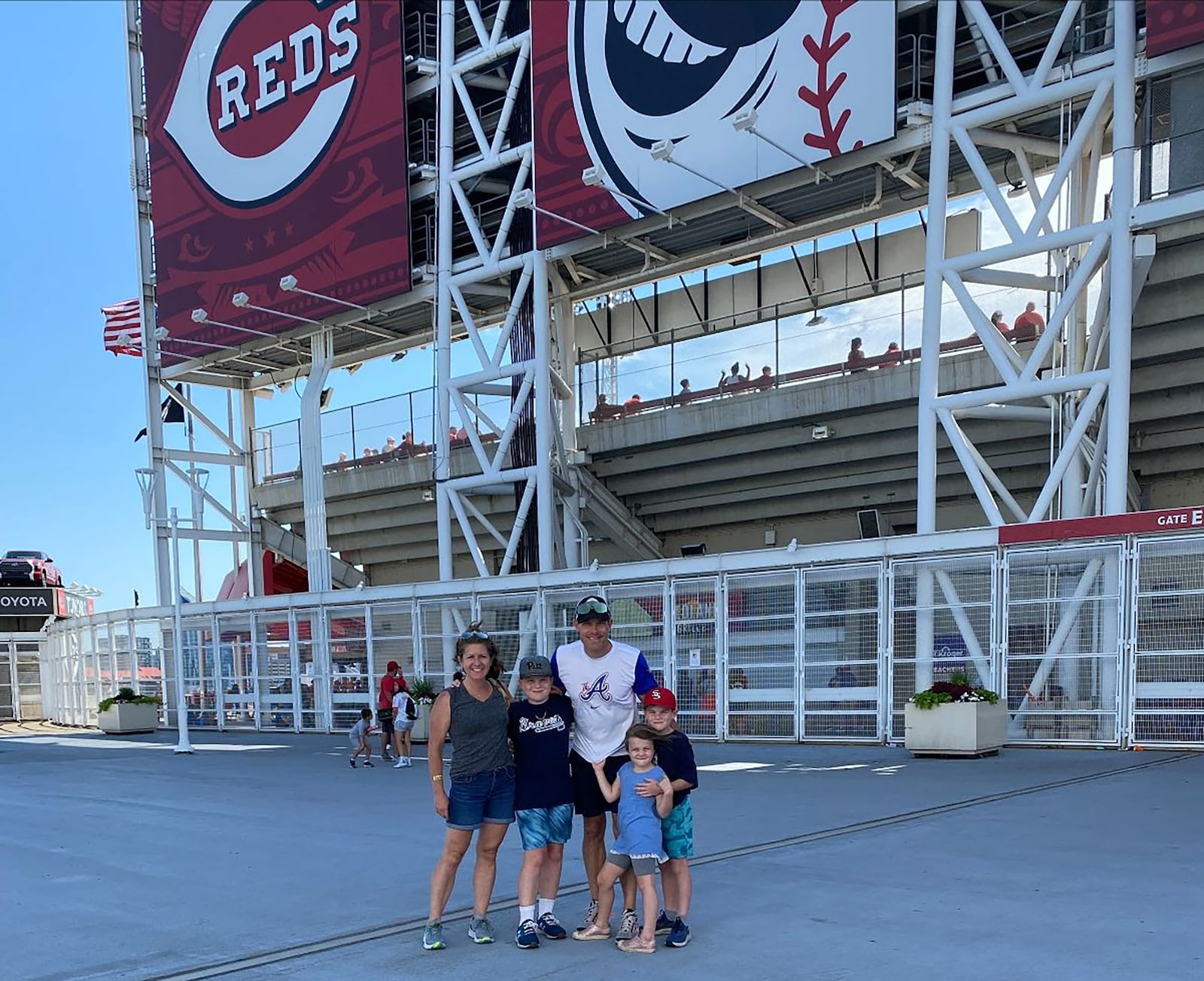 Long with his family at a Cincinnati Reds game. L-R wife Claire, Caleb, Long, Bennett and Virginia