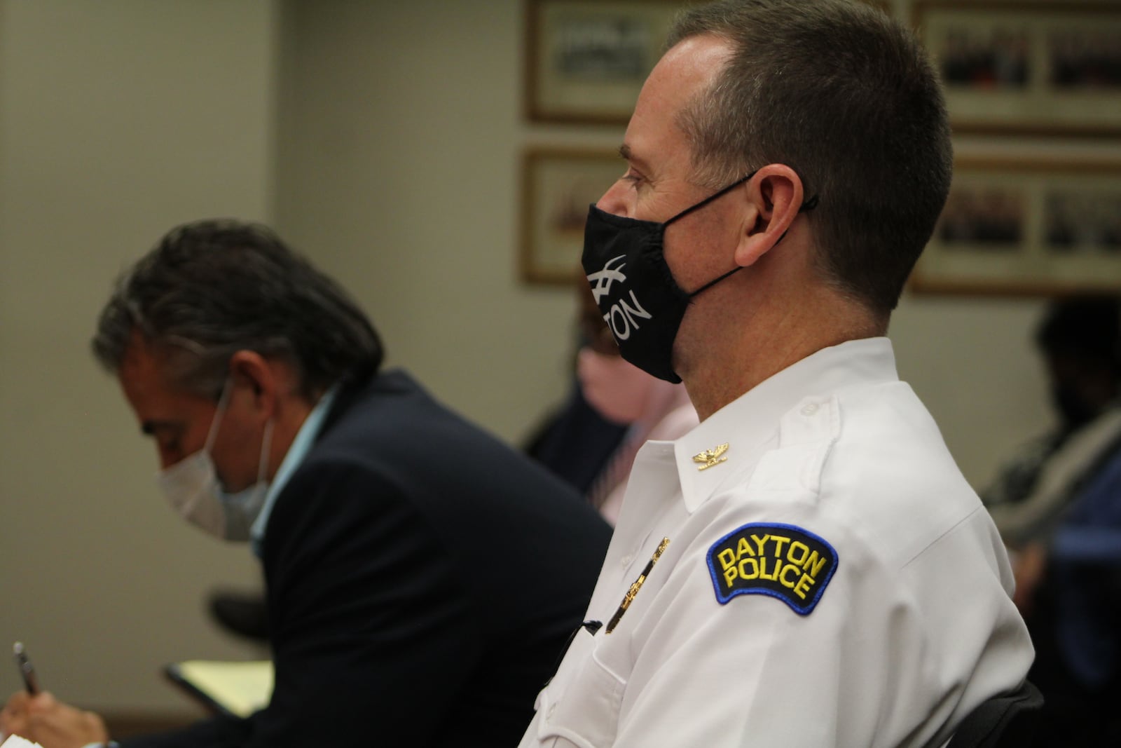 Interim Dayton police Chief Matt Carper at Wednesday's city commission meeting. CORNELIUS FROLIK / STAFF