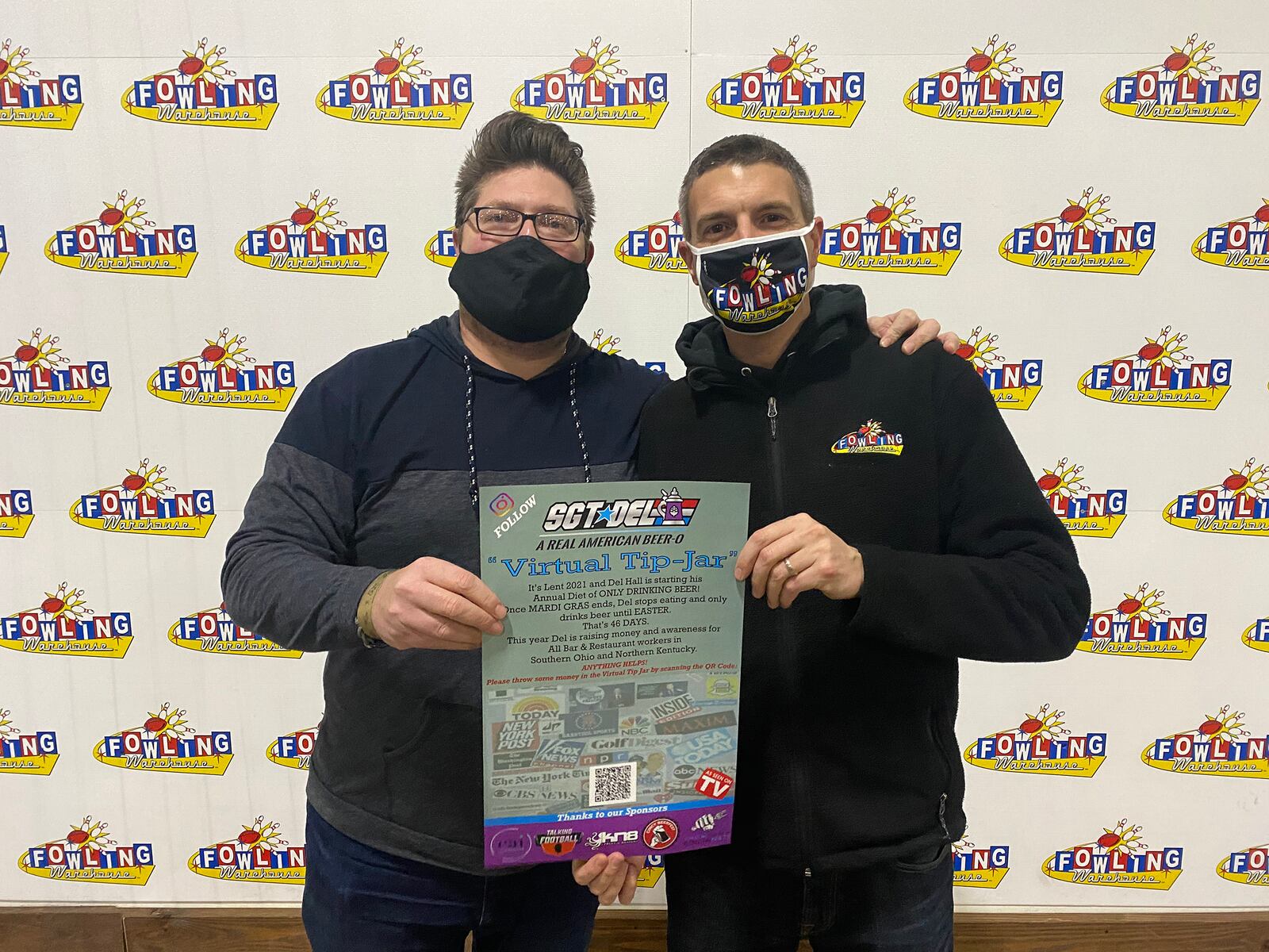 Del Hall (left) holds the flyer announcing his fundraiser this year, Sgt. Del's Virtual Tip Jar. One hundred percent of donations during Lent will be given to local bars and restaurants that sign up for a marketing kit. On the right is Joe Franks, owner of Fowling Warehouse and a participating venue. CONTRIBUTED