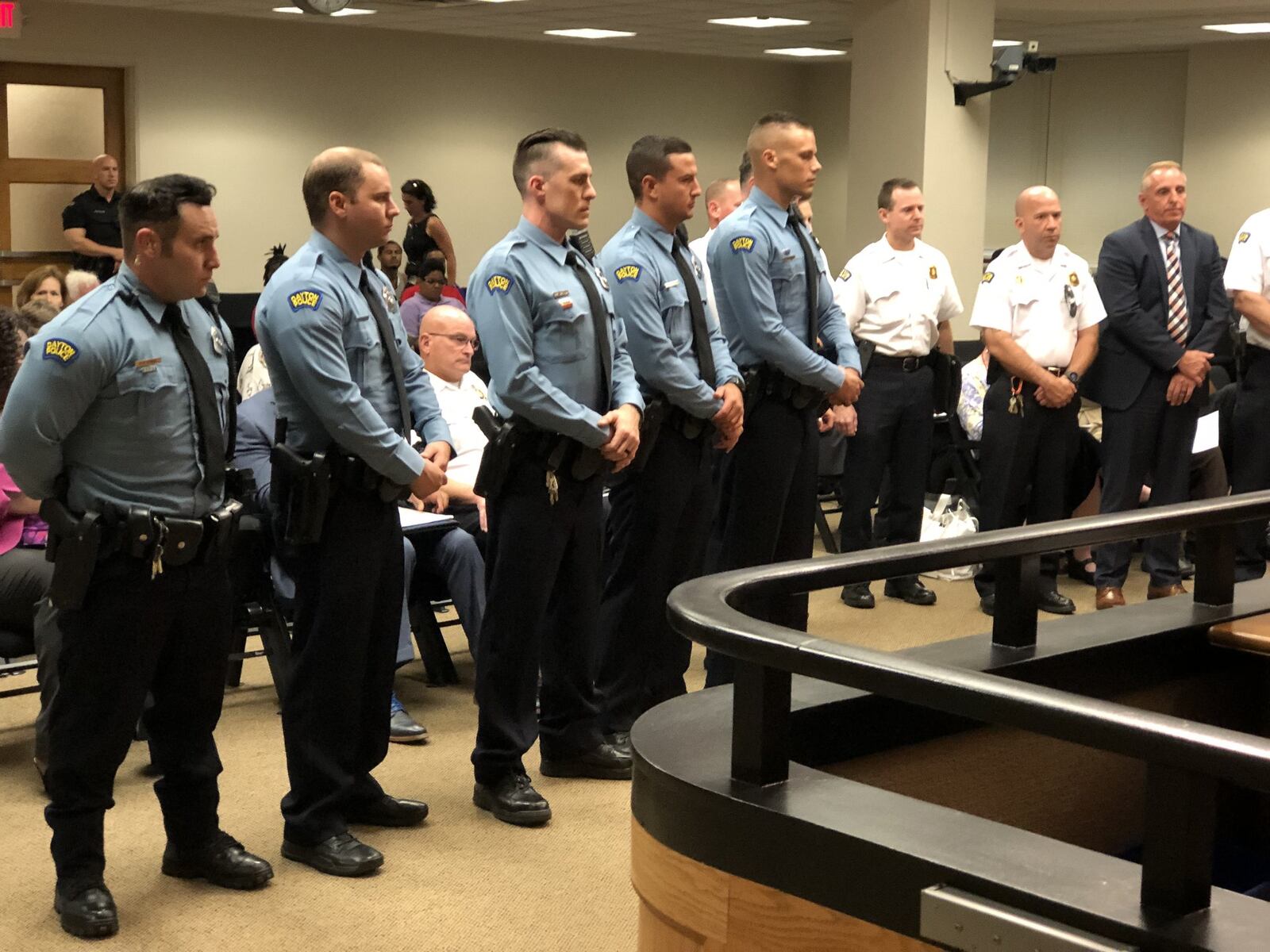 The six officers who stopped the Oregon District shooter within about 32 seconds of his first shot were honored this week by Dayton police and city leadership. The officers, from left, are Ryan Nabel, Brian Rolfes, David Denlinger, Jeremy Campbell and Vincent Carter. Sgt. William C. Knight, not pictured, also responded. CORNELIUS FROLIK / STAFF