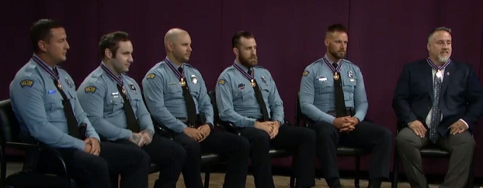 The Dayton Police Officers who responded Aug. 4, 2019 to an active shooter in the Oregon District spoke for the first time since the incident. From left are officers Jeremy Campbell, Ryan Nabel, Brian Rolfes, David Denlinger, Vincent Carter, and Sgt. Chad Knight / CONTRIBUTED