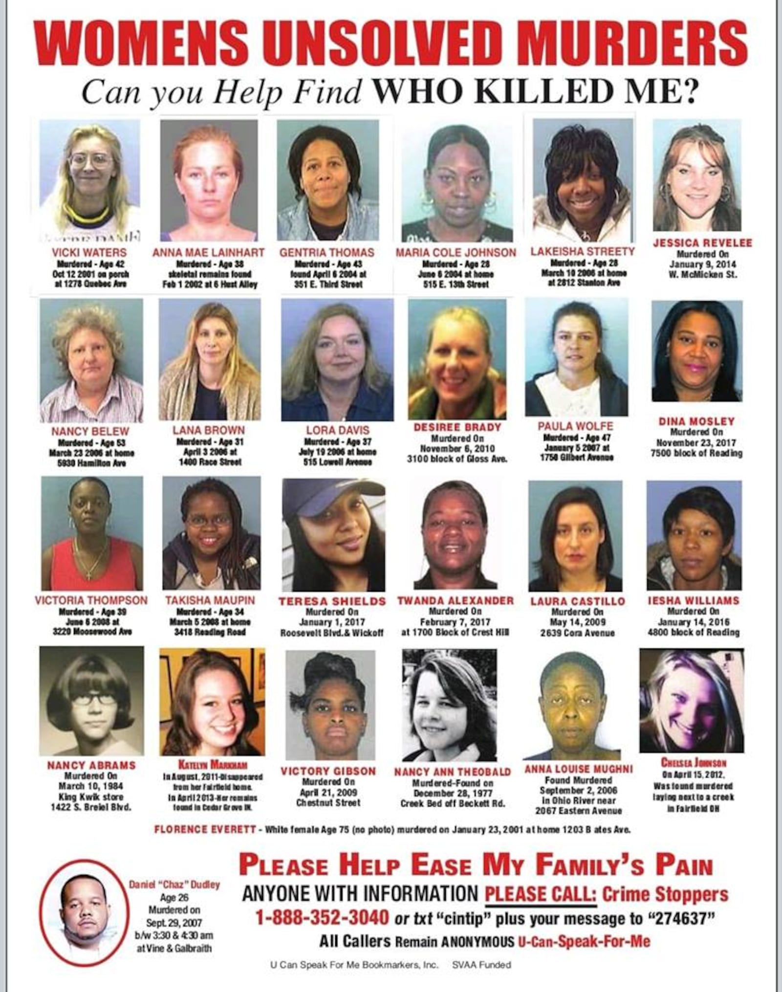 A poster of unsolved female homicides featuring cases from Hamilton and Butler counties.