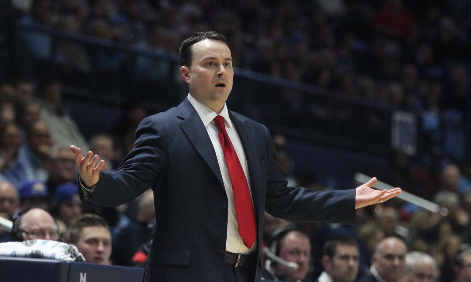 Dayton's Archie Miller reacts to a call during a game at Rhode Island on Feb. 10, 2017.