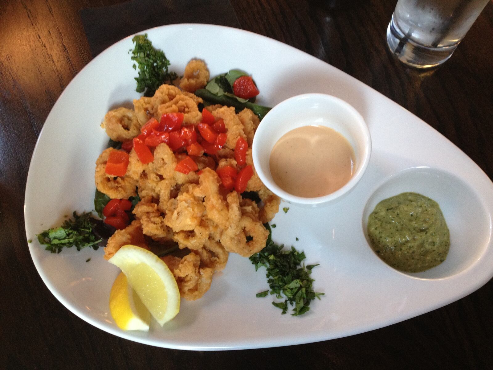 Salar’s fried calamari rings marinated in smoked paprika and served with roasted pepper and garlic aioli and spicy Peruvian chili sauce,. (Staff photo by Amelia Robinson)