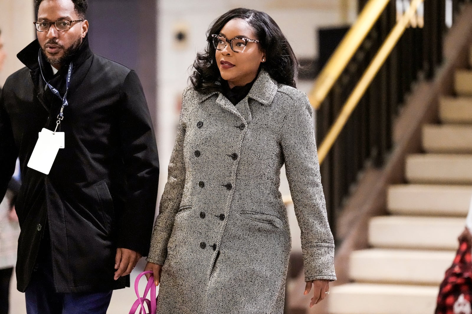 FILE - Rep.-elect Emilia Sykes, D-Ohio, joins other newly-elected members of the House of Representatives as they arrive at the Capitol for an orientation program in Washington, Nov. 14, 2022. (AP Photo/J. Scott Applewhite, File)