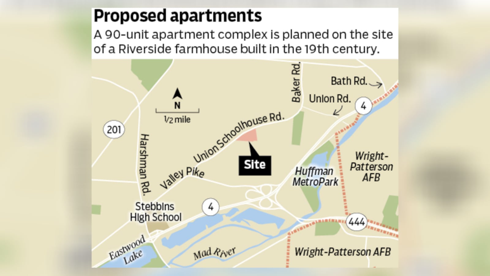 A 90-unit apartment complex is planned on about 17 acres in Riverside, where a farmhouse built in 1815 would be demolished. STAFF