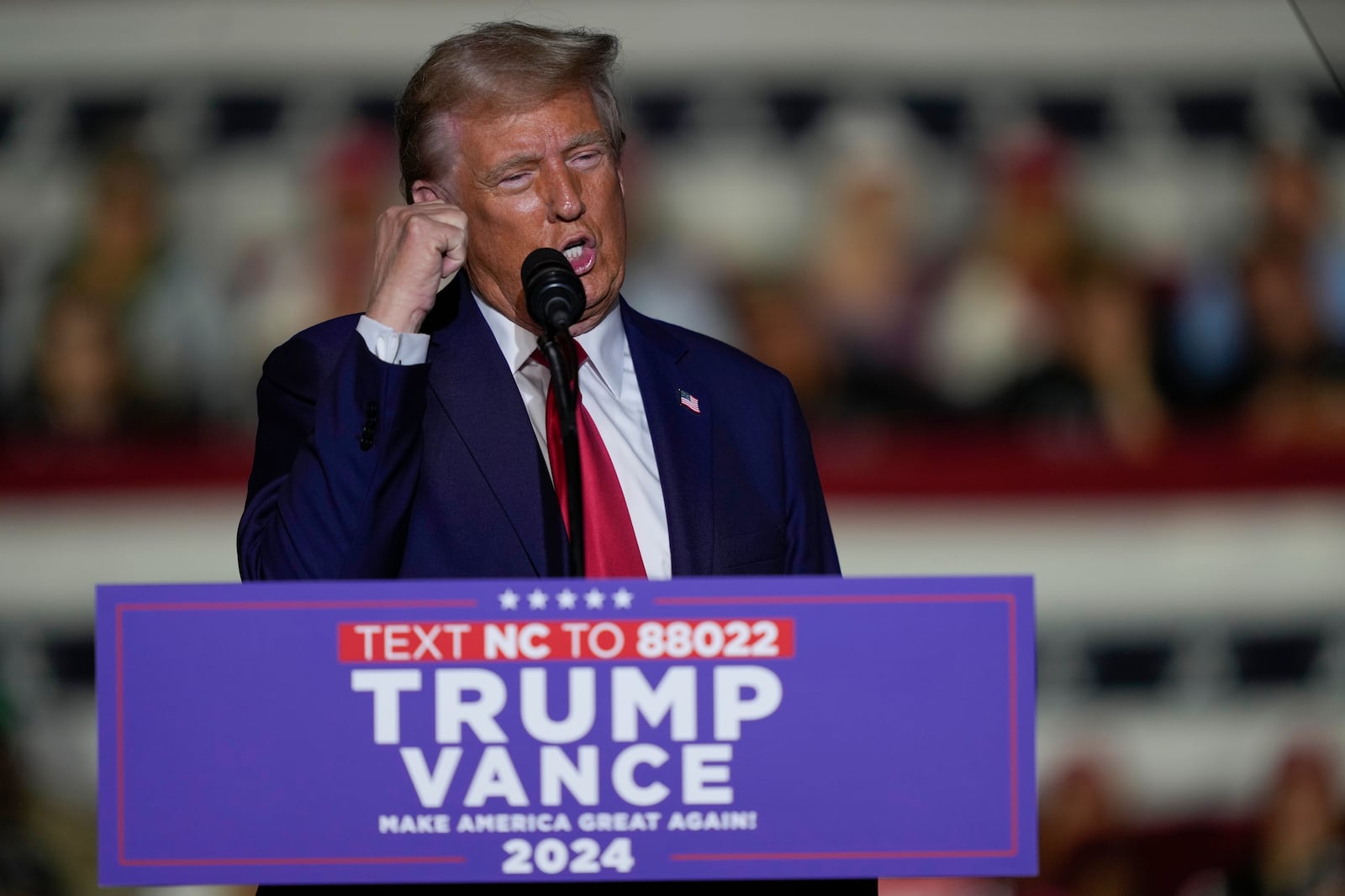 Republican presidential nominee former President Donald Trump speaks at a campaign rally at Williams Arena at Mignes Coliseum, Monday, Oct. 21, 2024, in Greenville, N.C. (AP Photo/Evan Vucci)