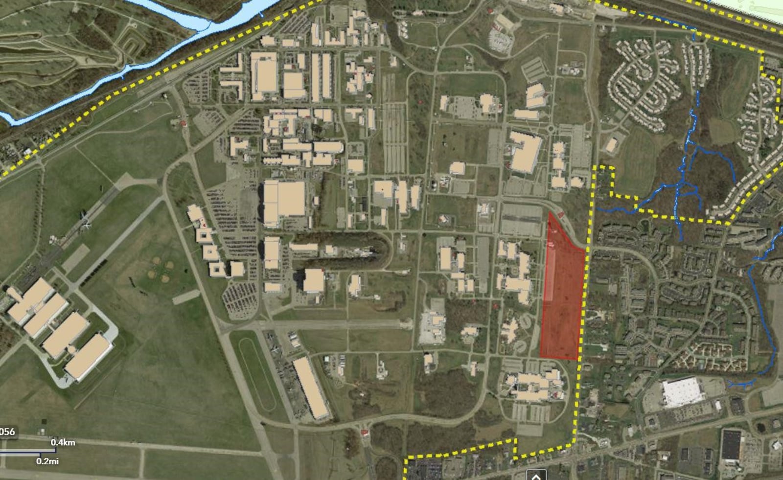 A map provided by Wright-Patterson Air Face Base showing "parcel 2" of the land to be made available as an "enhanced use lease." The Hilltop Tract parcel, shown in red, is 23.92 acres.