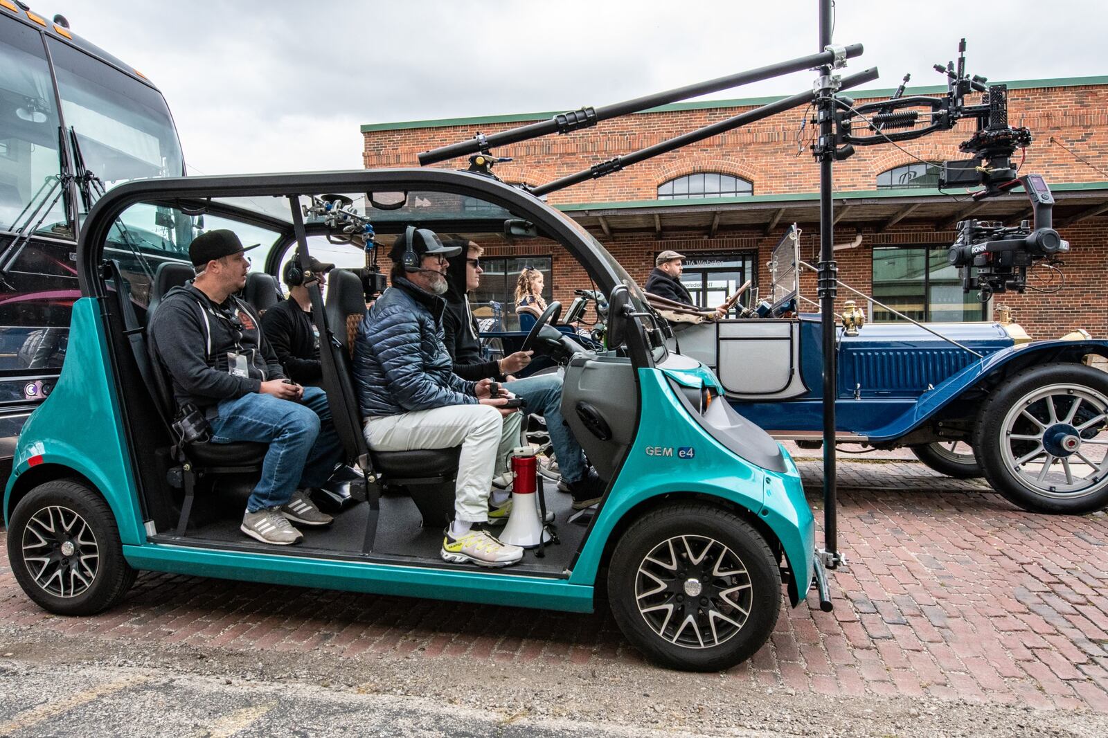 Director Allen Farst (front seat, white pants) working on “Triangle Park,” his documentary film based on the Dayton Triangles and the first ever NFL game, which was played in Dayton at Triangle Park on October 3, 1920. Photo courtesy of  PalMar Studios