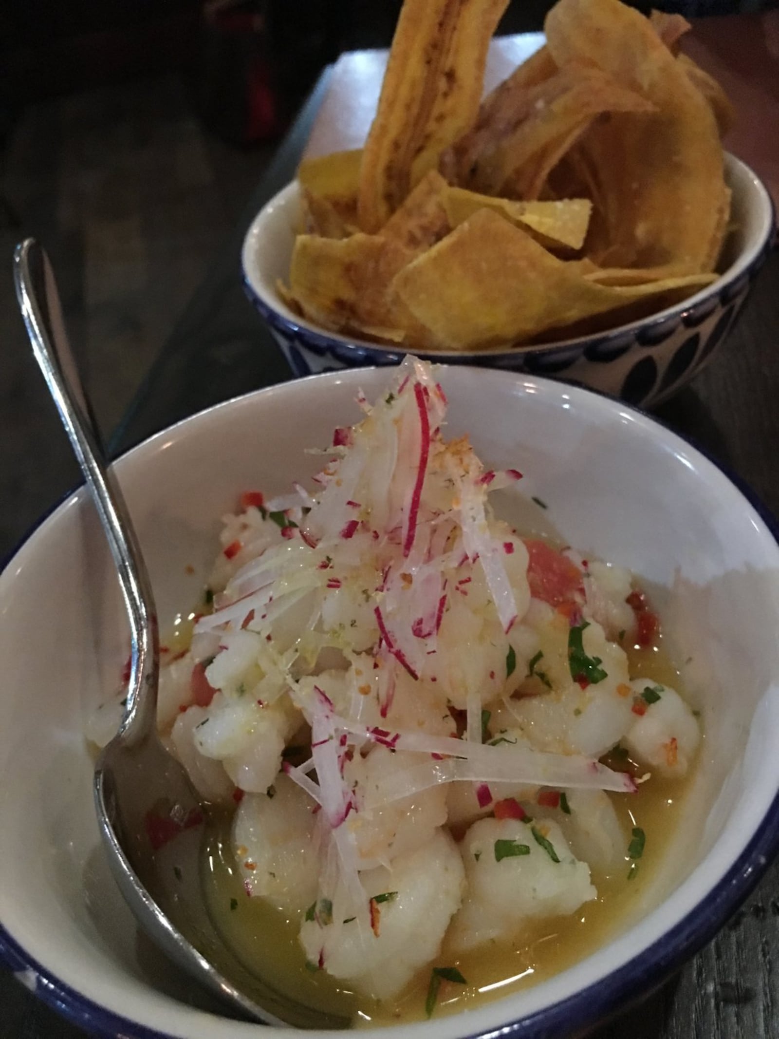 Ceviche de Camarones ($15), a delicious ceviche on the menu at Mita’s in Cincinnati made with shrimp, grapefruit, fresno chilies, citrus, radish and garnished with cilantro. Photo by Alexis Larsen