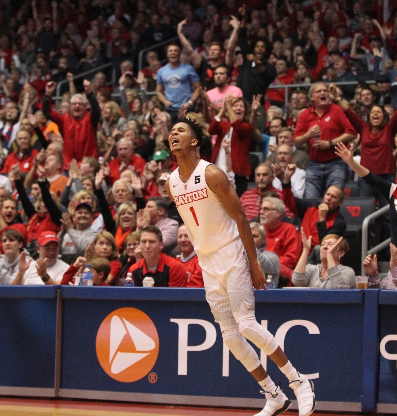 Dayton’s Darrell Davis reacts after a basket against Ball State on Friday, Nov. 10, 2017, at UD Arena.