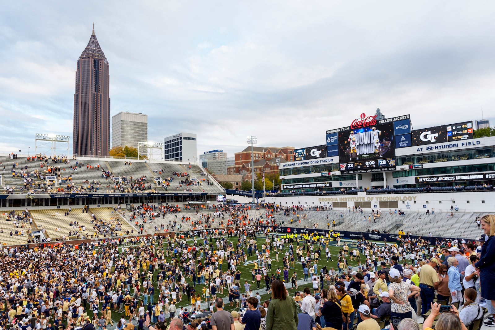 Bobby Dodd Stadium is filled with fans after Georgia Tech defeated Miami in an NCAA college football game, Saturday, Nov. 9, 2024, in Atlanta. (AP Photo/Jason Allen)