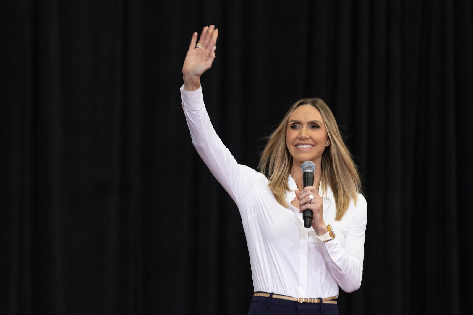 FILE - Republican National Committee Co-Chair Lara Trump walks onstage at a campaign event for Republican vice presidential nominee Sen. JD Vance, R-Ohio, in Monroe, N.C., Oct. 25, 2024. (AP Photo/Nell Redmond, File)