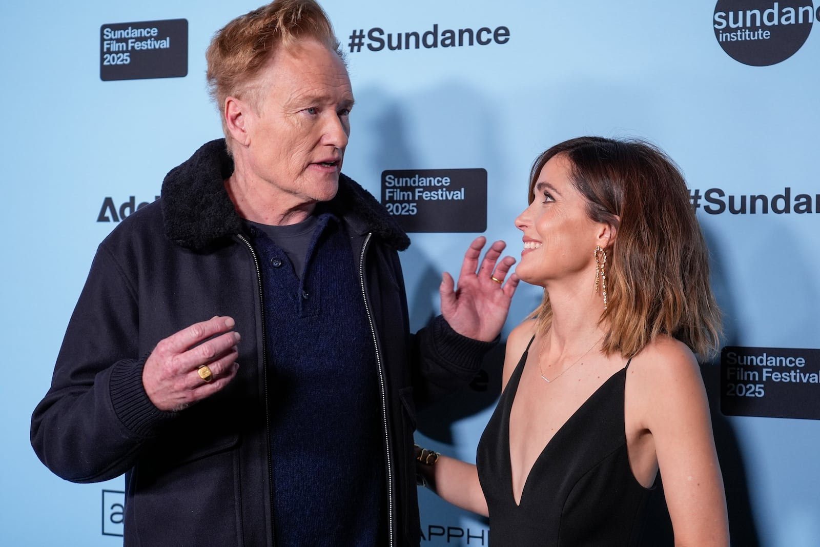 Conan O'Brien, left, and Rose Byrne attend the premiere of "If I Had Legs I'd Kick You" during the Sundance Film Festival on Friday, Jan. 24, 2025, at Library Theatre in Park City, Utah. (AP Photo/Chris Pizzello)