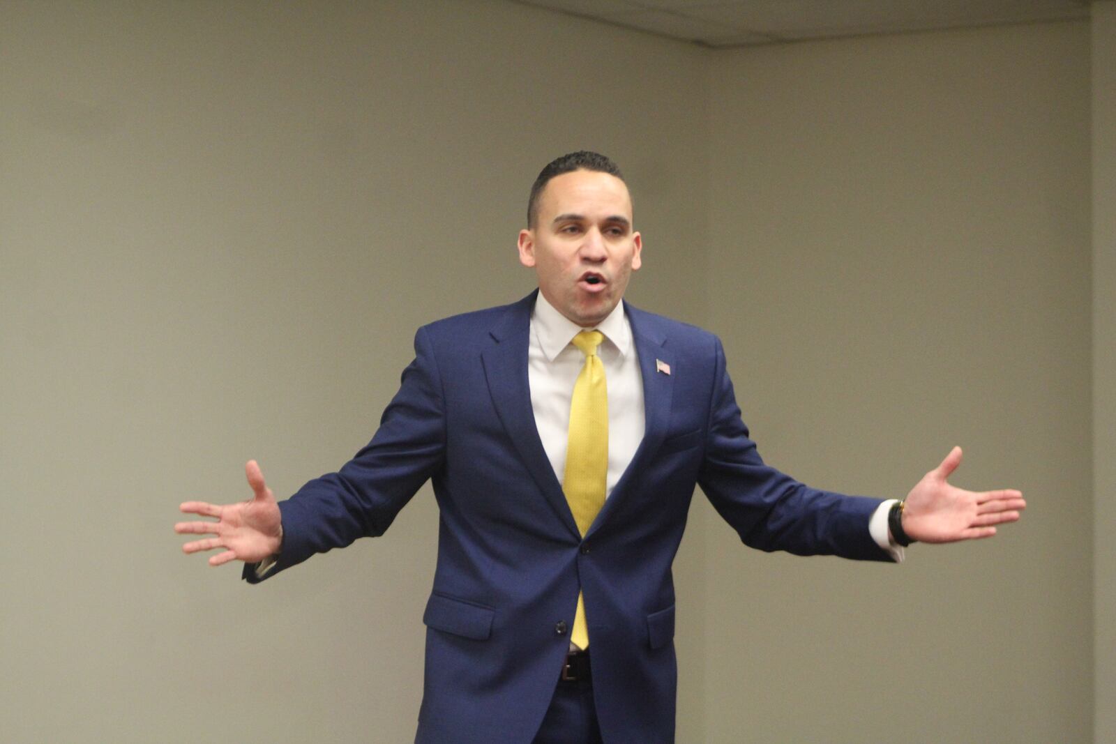 Jordan Wortham, a 2023 Dayton city commission candidate, speaks at an April candidate forum hosted by the Dayton Unit NAACP. CORNELIUS FROLIK / STAFF