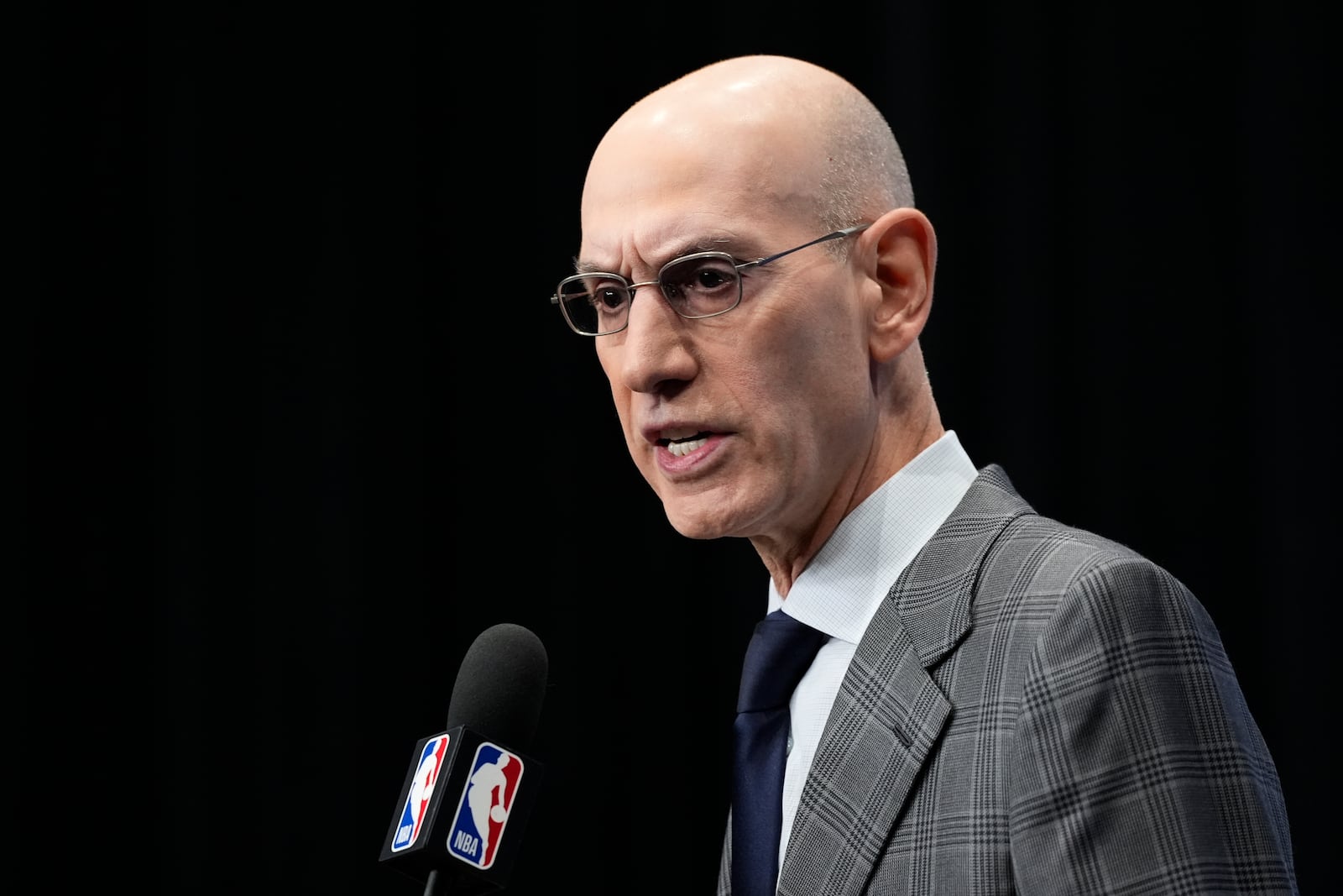 NBA Commissioner Adam Silver speaks during a press conference at the NBA basketball All-Star Saturday night festivities Saturday, Feb. 15, 2025, in San Francisco. (AP Photo/Godofredo A. Vásquez)