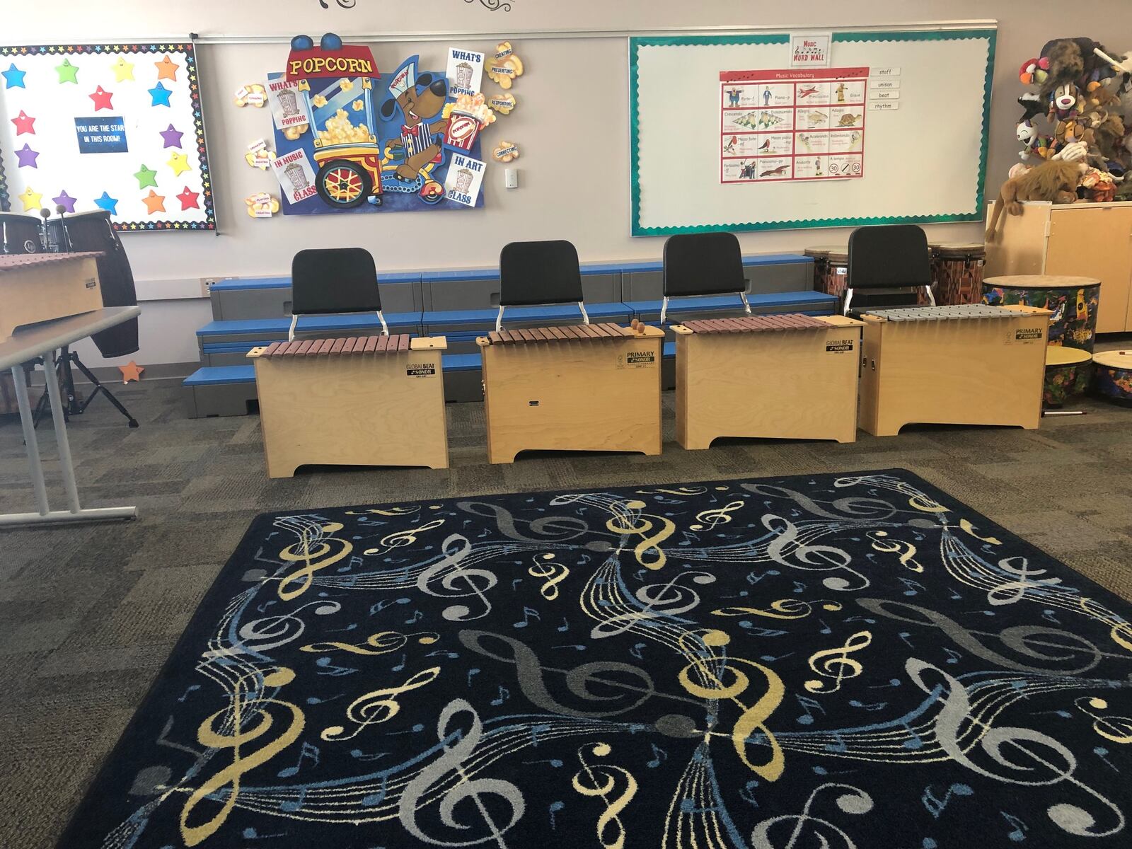 A fine and performing arts training room in the new Dayton Public Schools headquarters complex at 136 S. Ludlow St. contains instruments and resources for staff. JEREMY P. KELLEY / STAFF