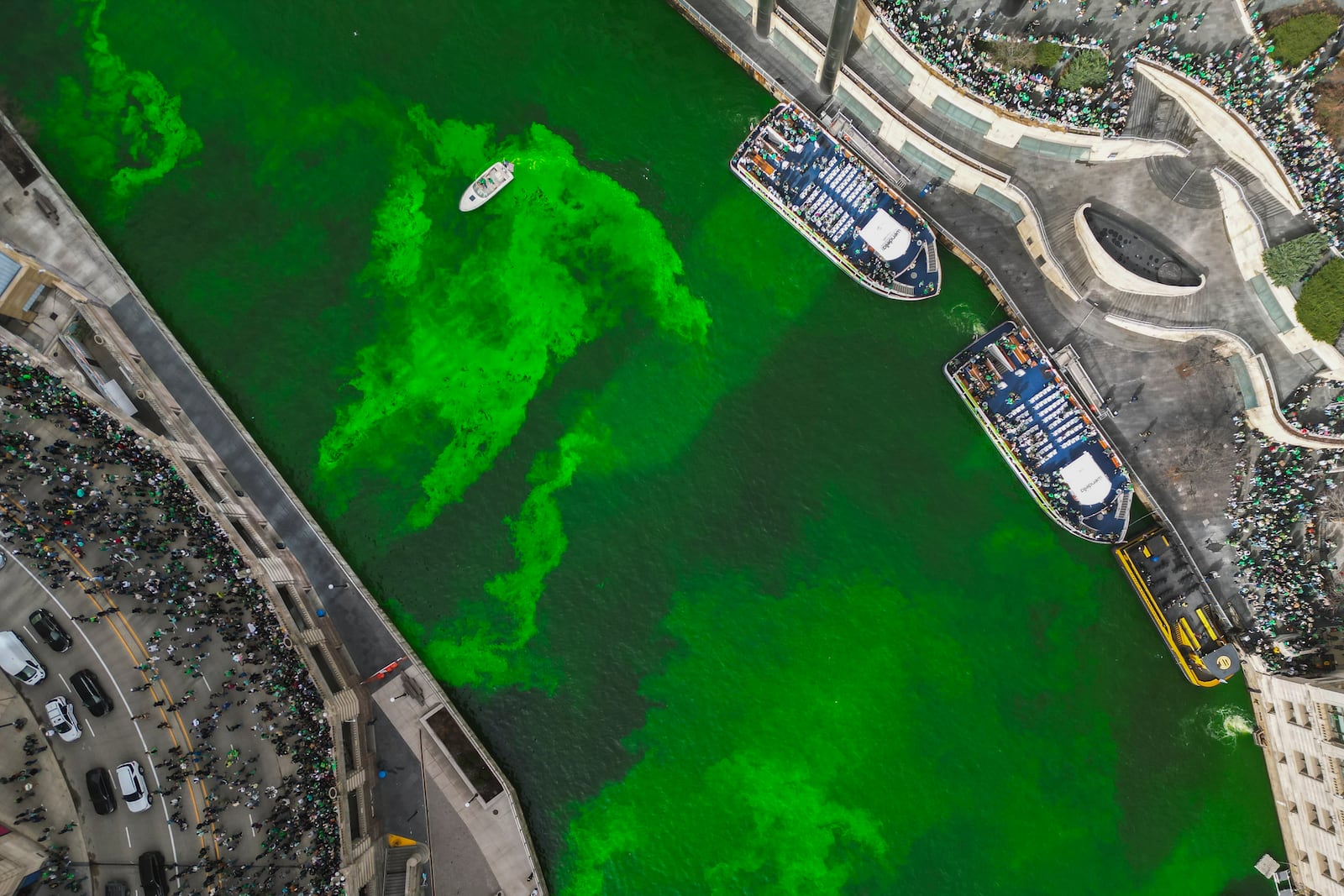 The Chicago River is dyed green as part of annual St. Patrick's Day festivities Saturday, March 15, 2025, in Chicago. (AP Photo/Erin Hooley)